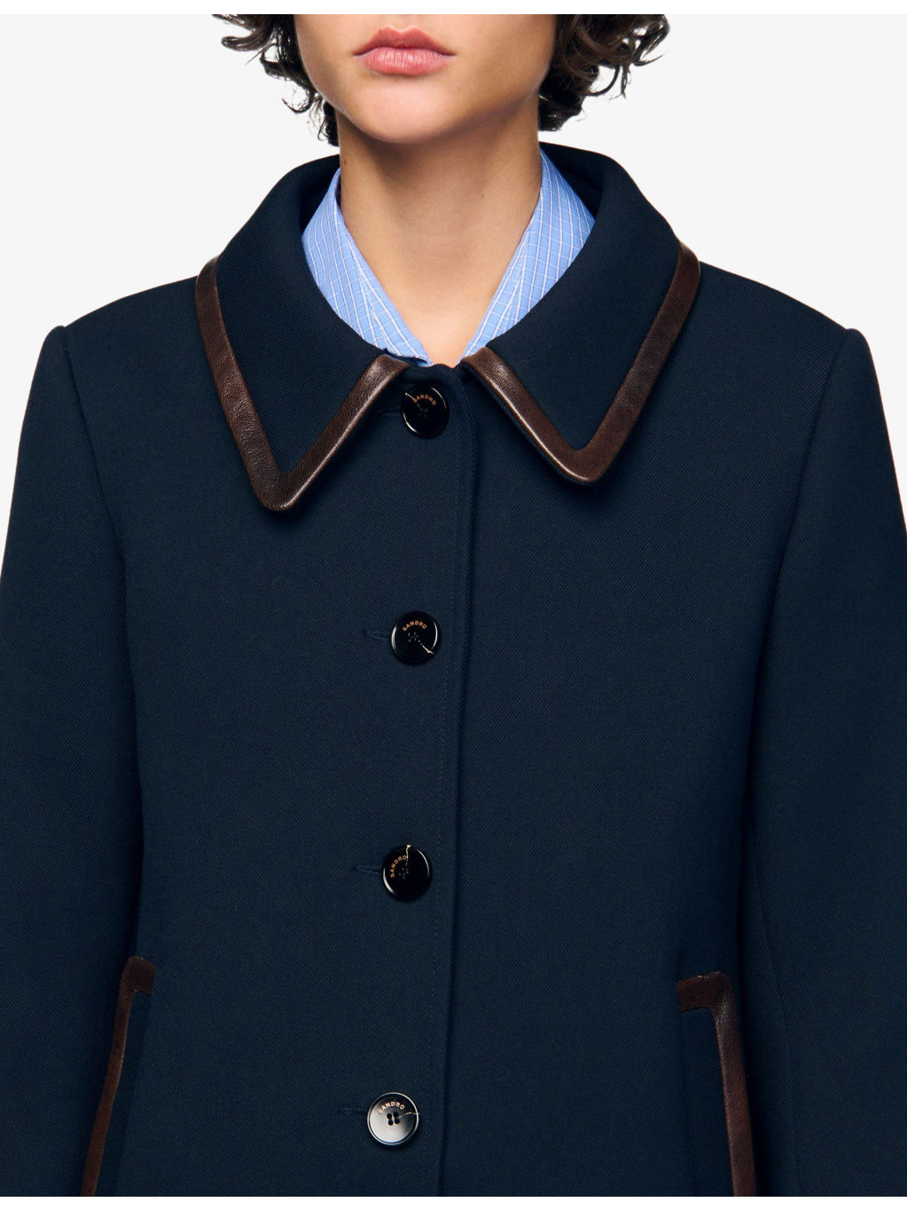 Side-Pocket Leather-Trim Woven Coat - 5