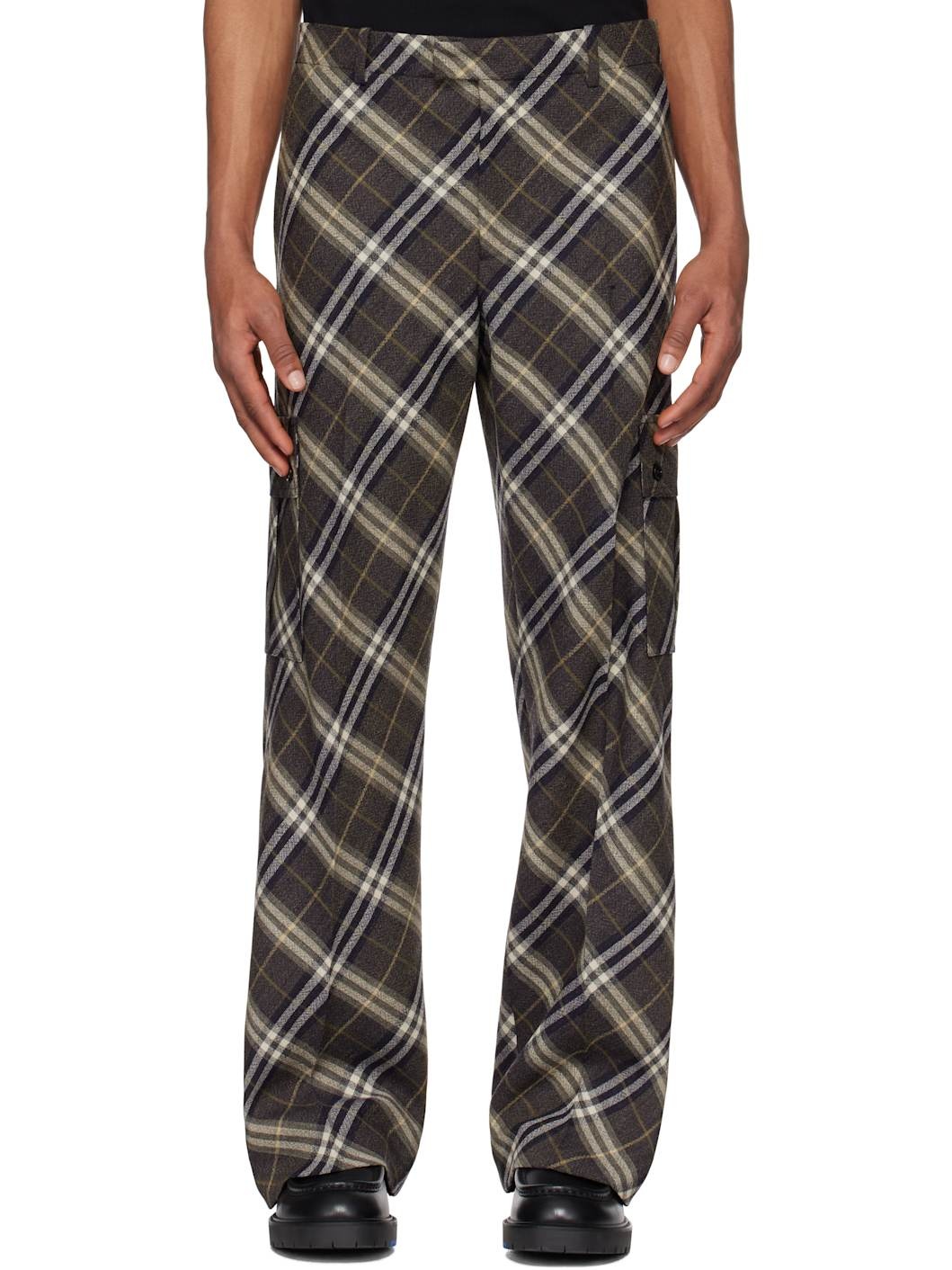Brown Check Wool Tailored Cargo Pants - 1