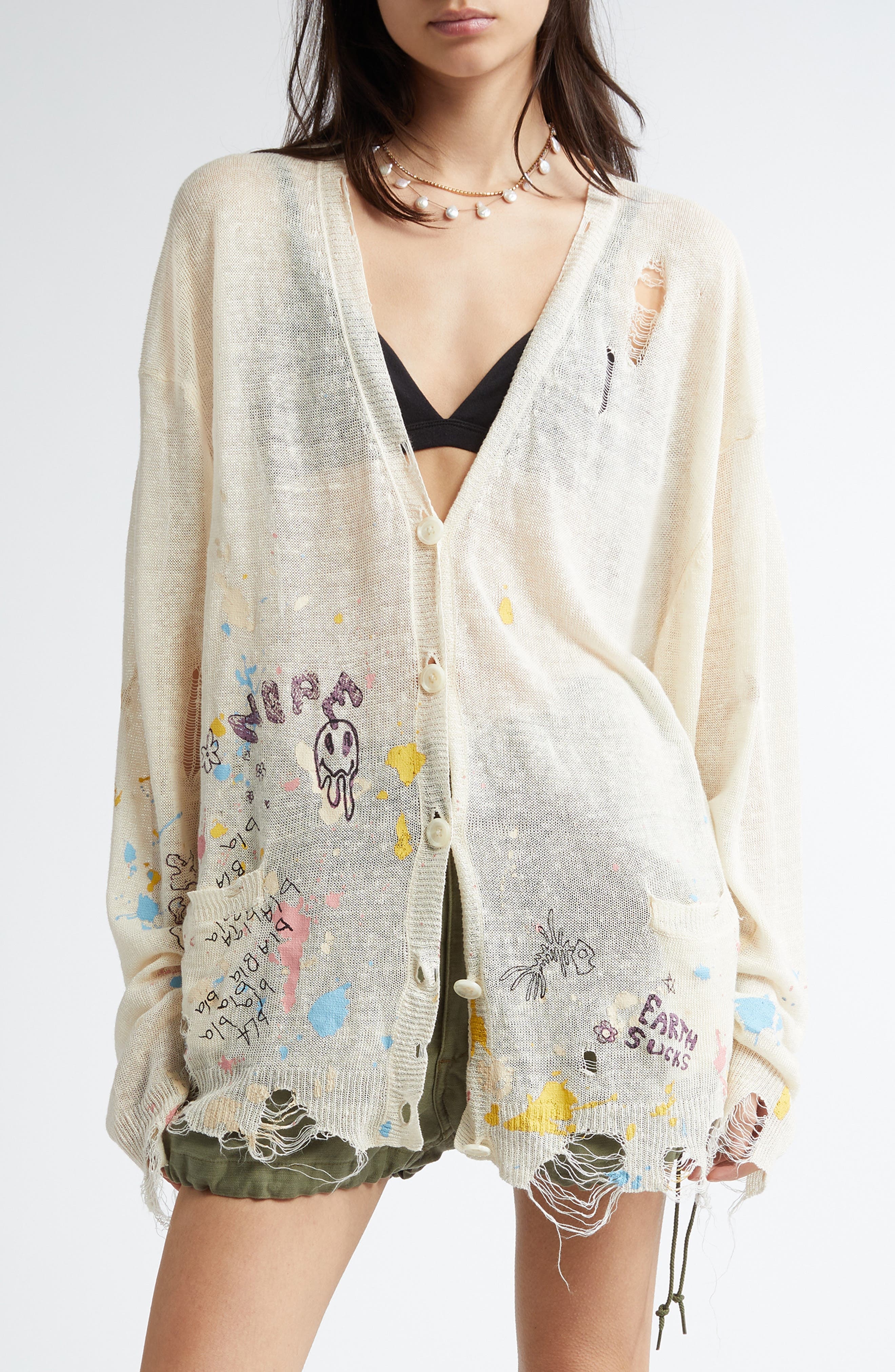 PERVERZE◆CRASH WIDE KNIT CARDIGAN/アシンメトリー/カットオフ/ダメージ加工/ホワイト/無地 PERVERZE(パーバーズ) / CRASH WIDE KNIT CARDIGAN