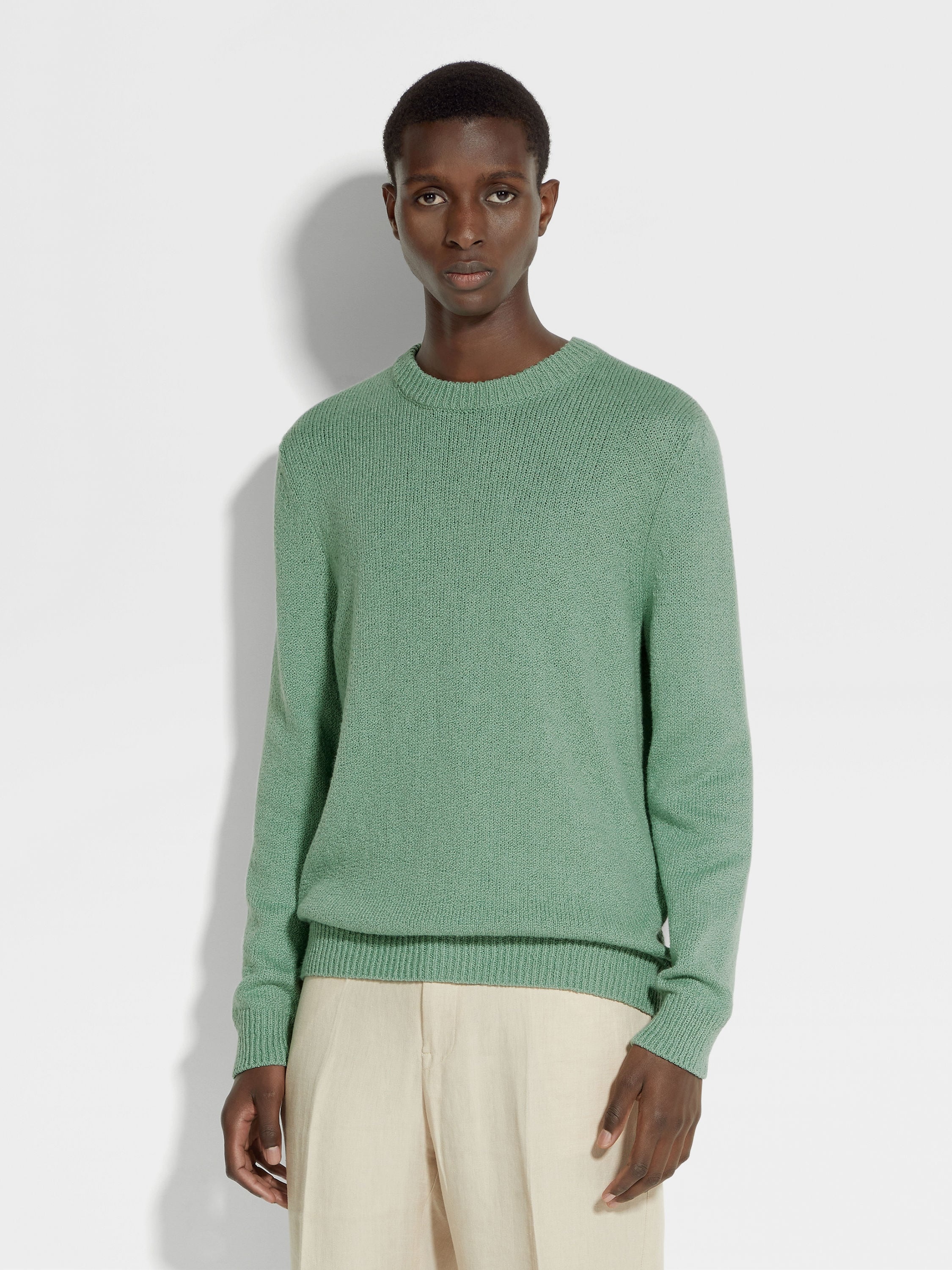 SAGE GREEN COTTON AND SILK CREWNECK - 4