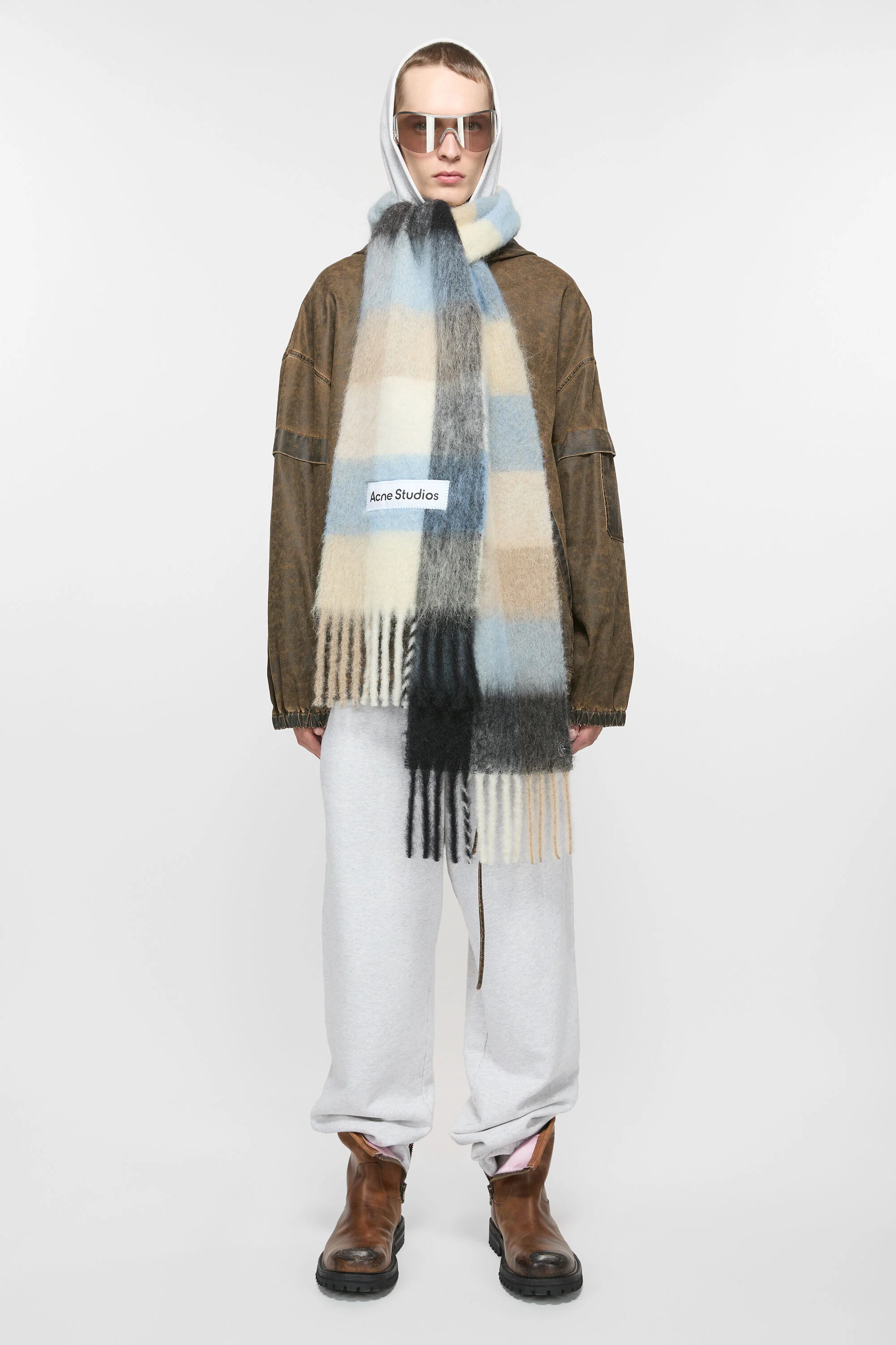Mohair checked scarf - Blue/beige/black - 3