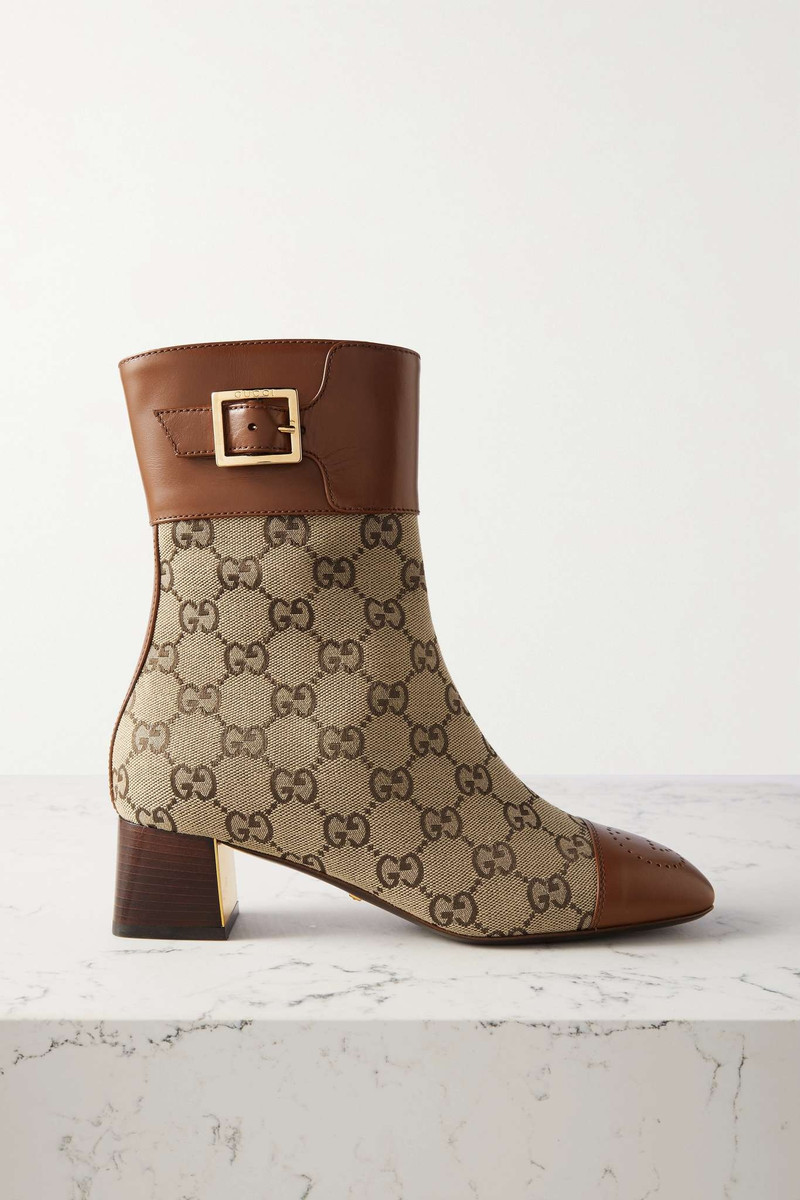 Buckled logo-jacquard leather and canvas ankle boots - 1
