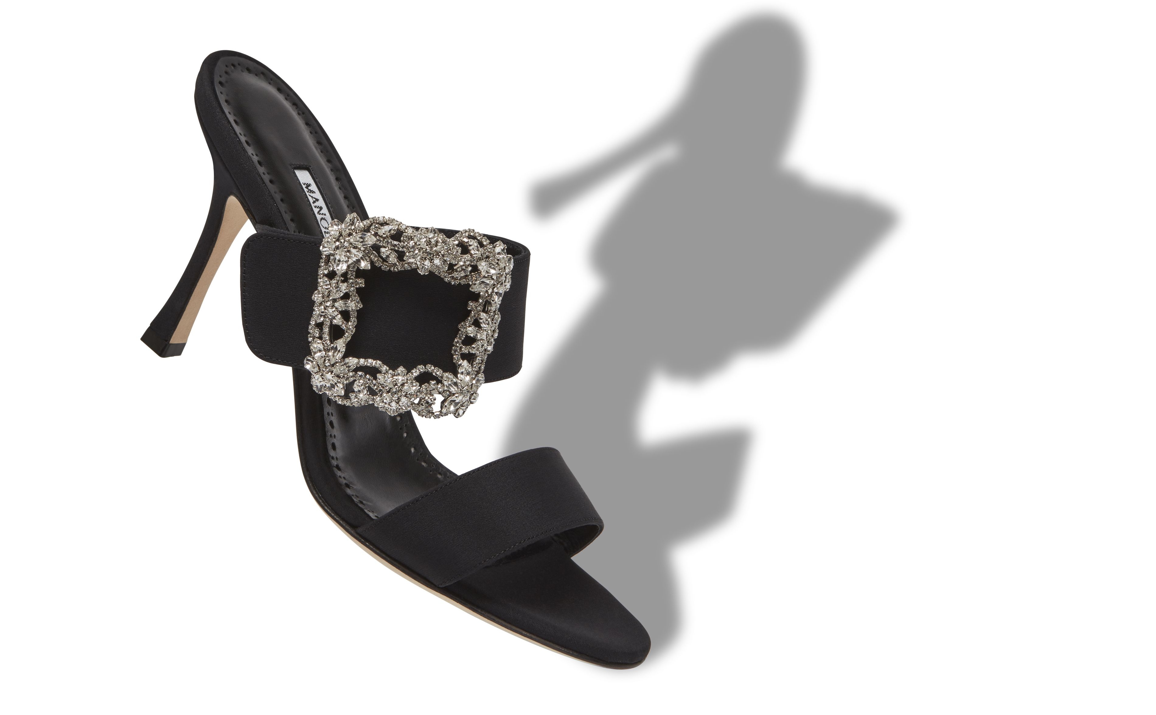 Black Crepe de Chine Jewel Buckle Mules - 2