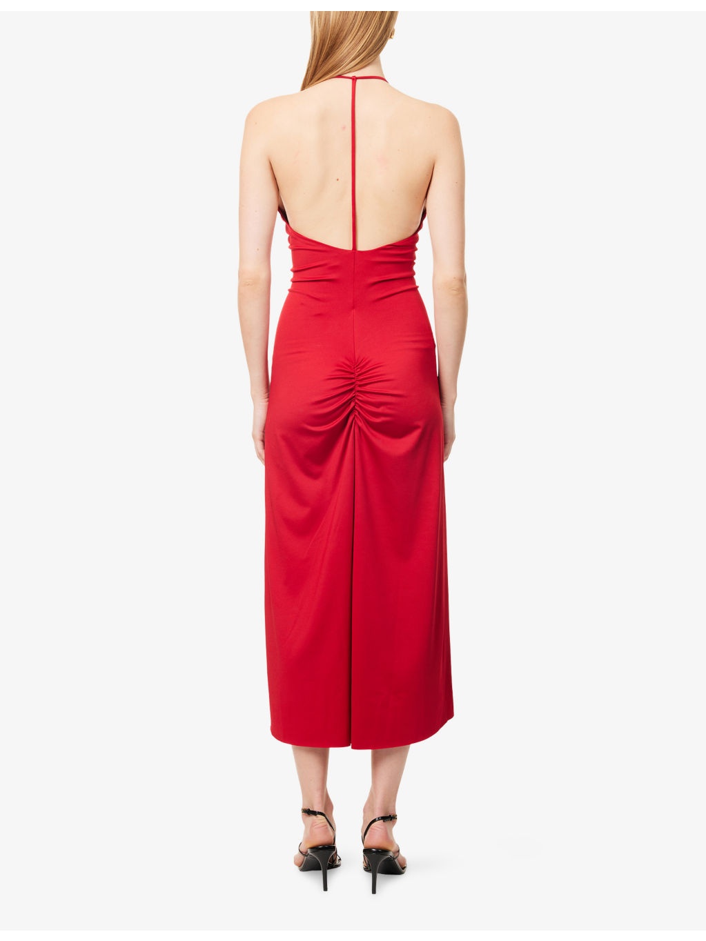V-Neck Gathered Stretch-Woven Midi Dress - 4
