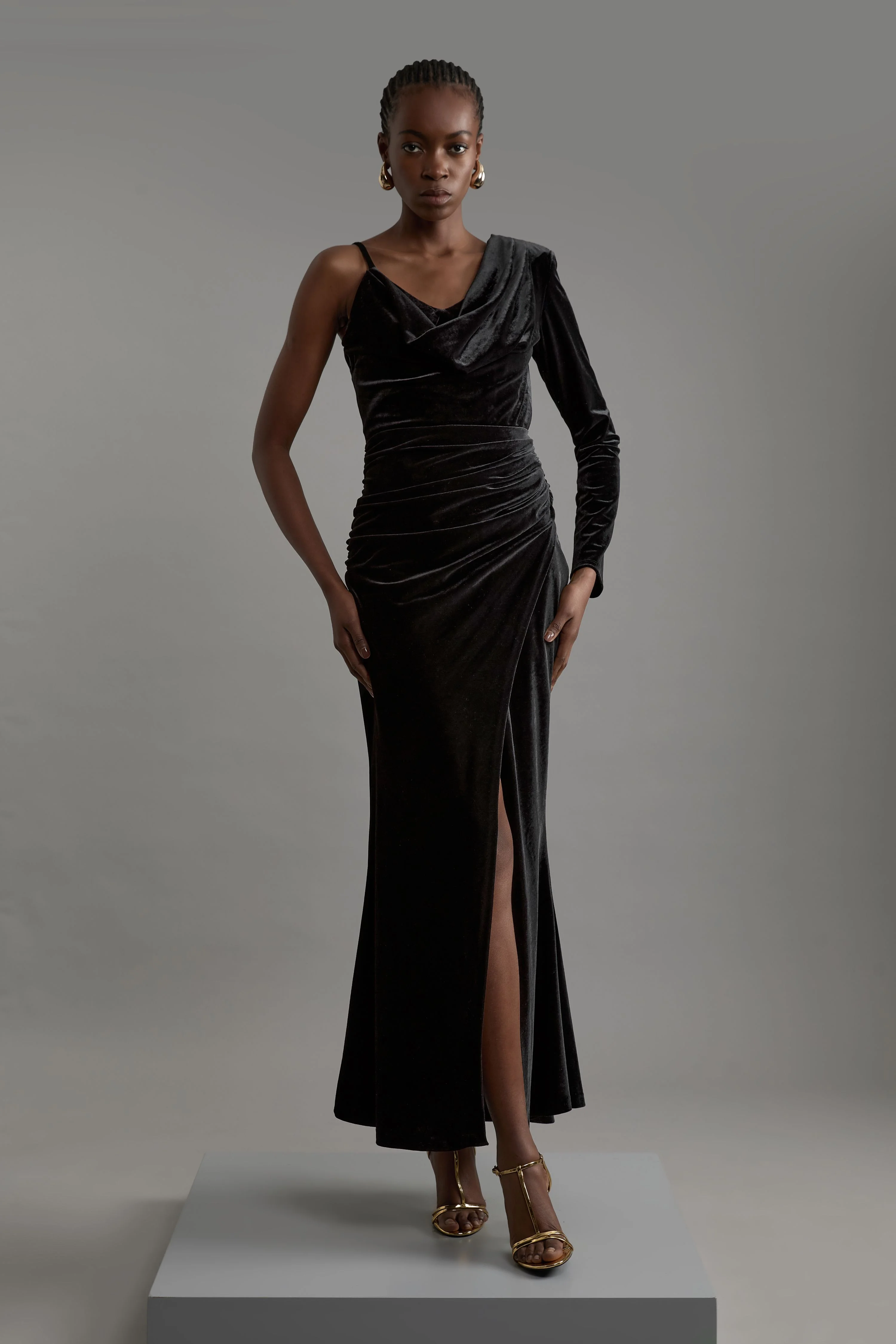 Velvet Asymmetric One Shoulder Tailored Maxi Dress - 1