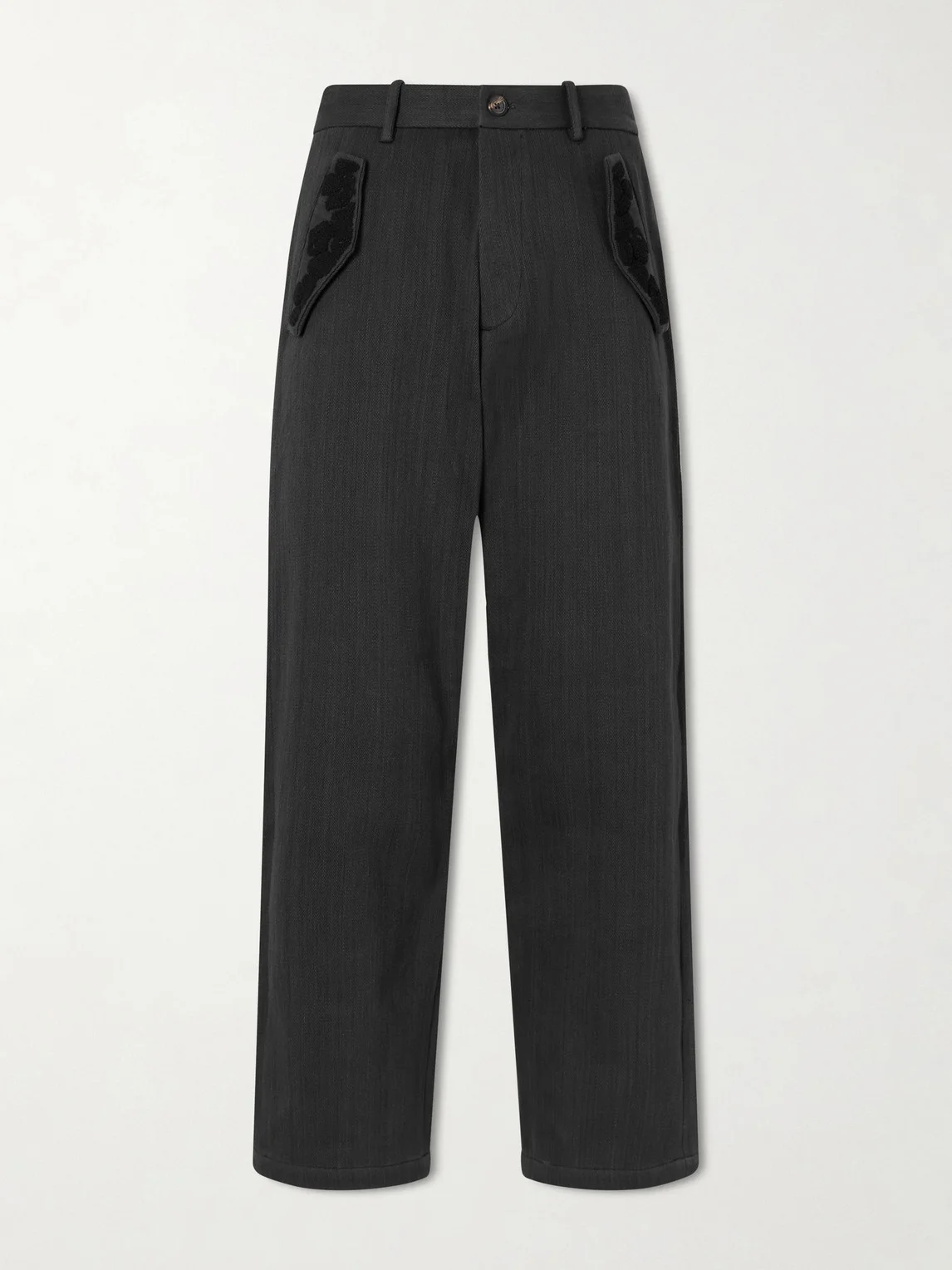Straight-Leg Embroidered Cotton-Twill Trousers - 1