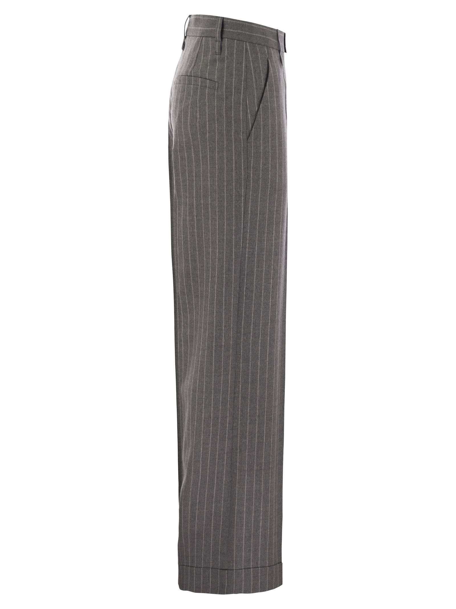 Brunello Cucinelli Women Loose Flared Trousers In Virgin Wool Mouliné Pinstripe With Beadwork - 3