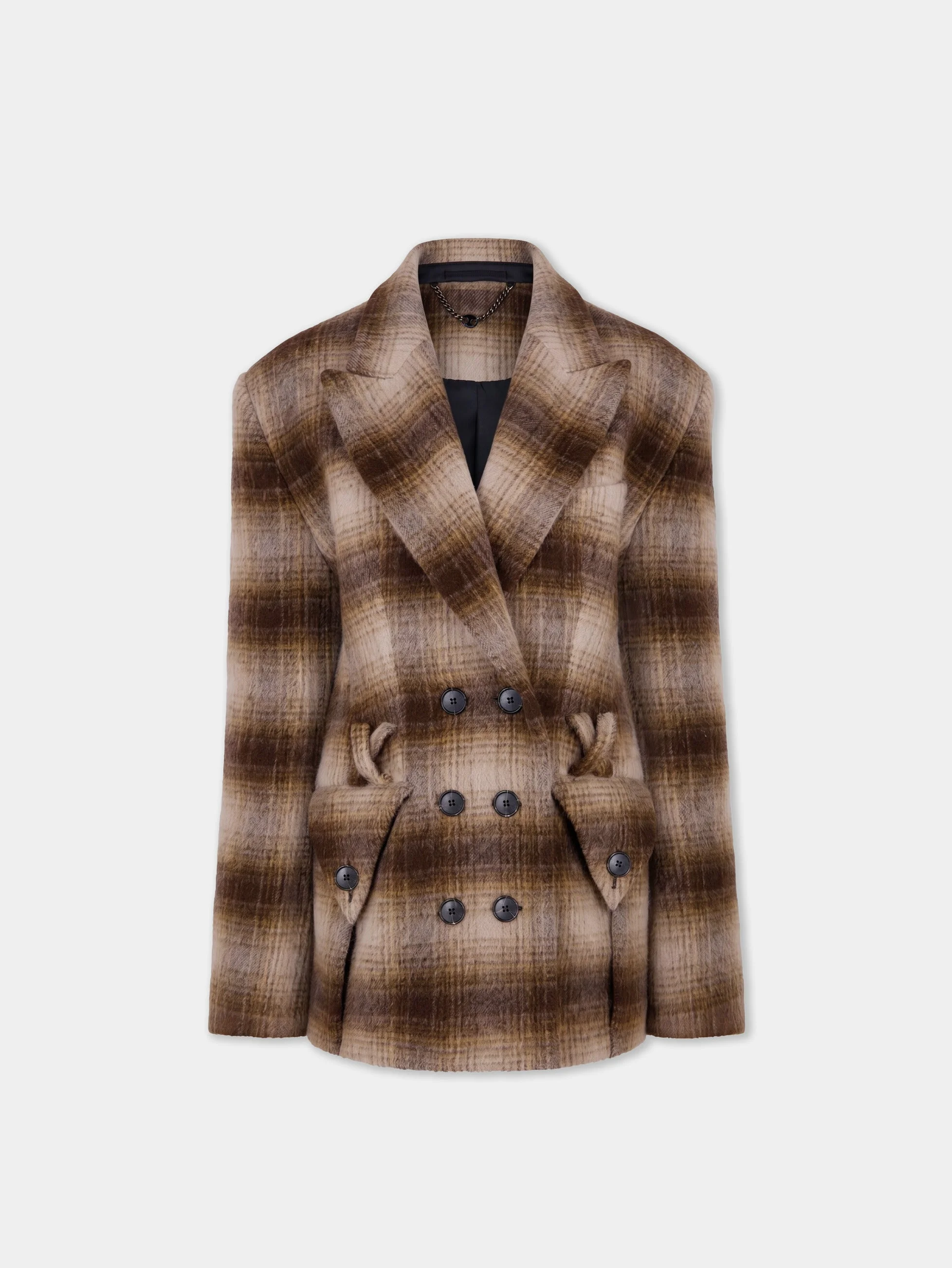 SHORT STRUCTURED COAT IN BROWN TARTAN WOOL - 1