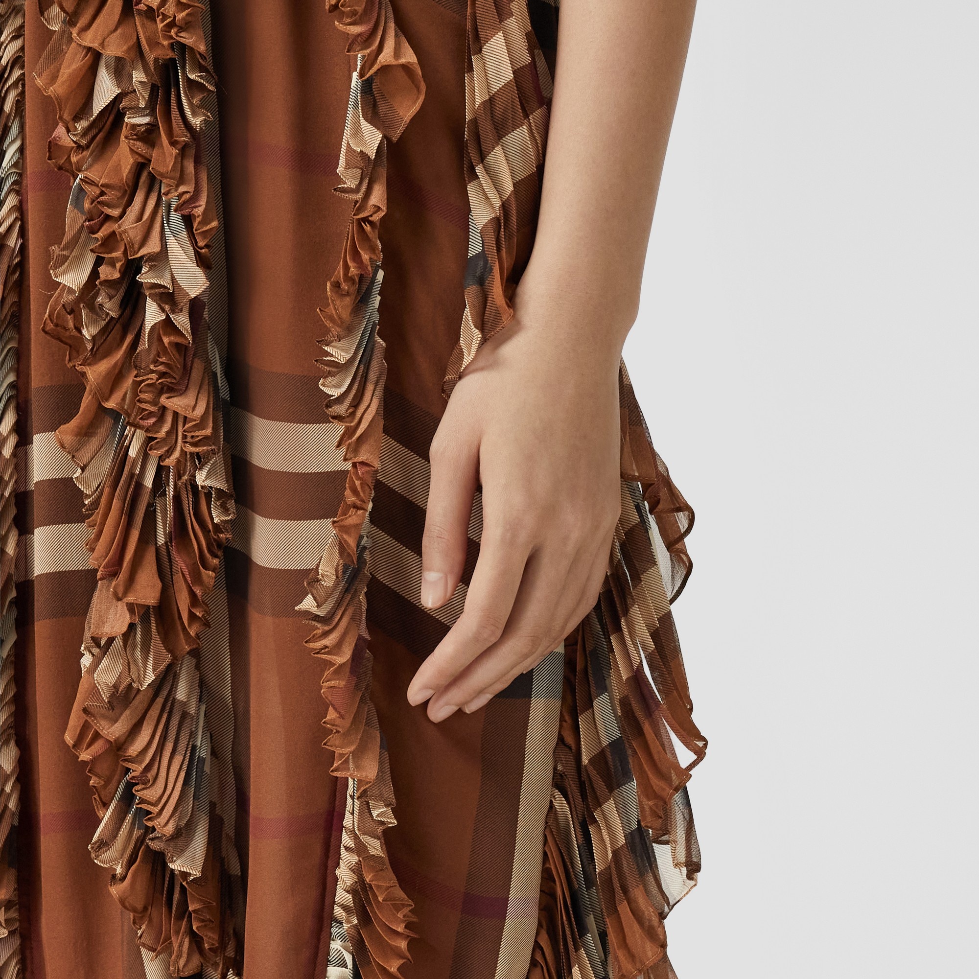 Pleated Ruffle Detail Check Silk Georgette Dress - 5