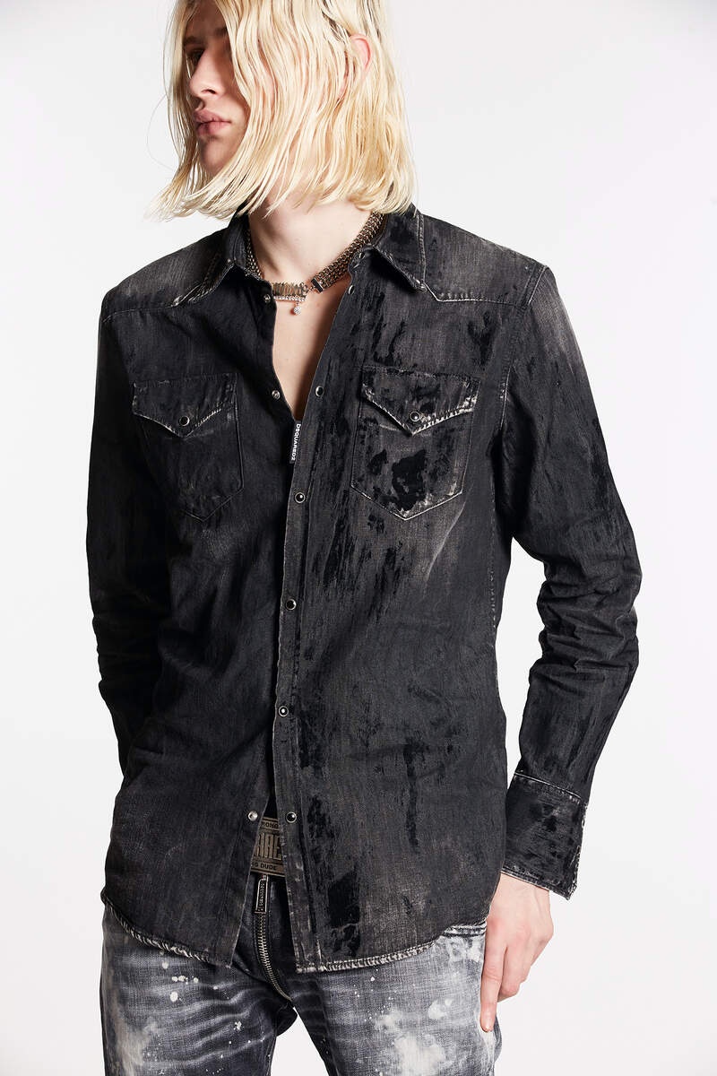 BLACK FLOCK COATED WASH CLASSIC WESTERN SHIRT - 3