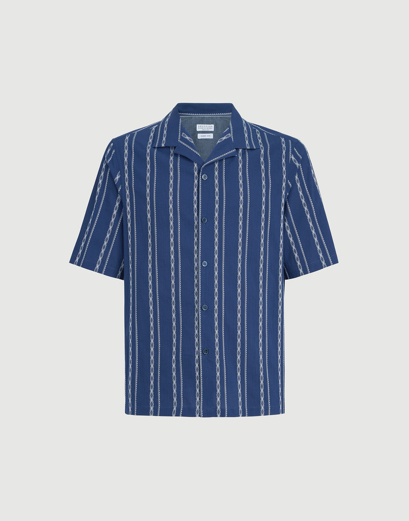 Ethnic stripe seersucker easy fit short sleeve shirt with camp collar 1