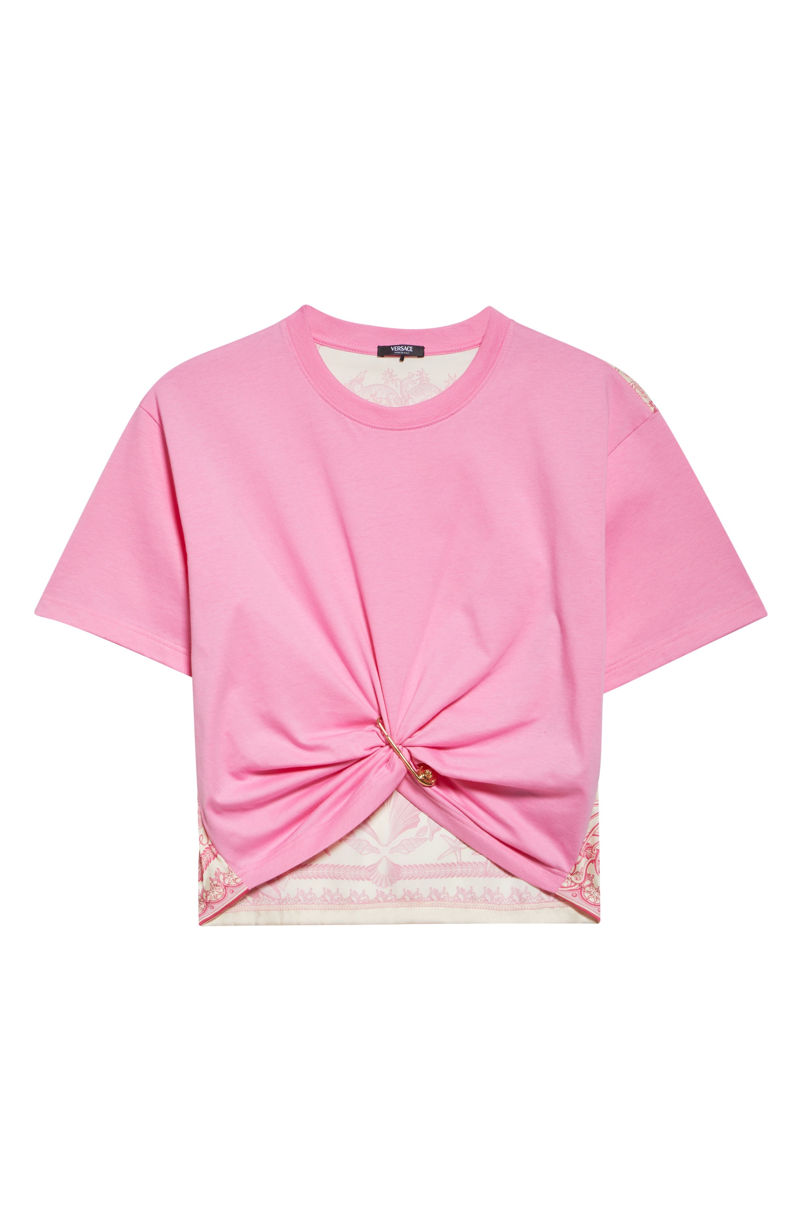Versace Barocco Safety Pin Crop T-Shirt in Guava Multi Color at Nordstrom - 6