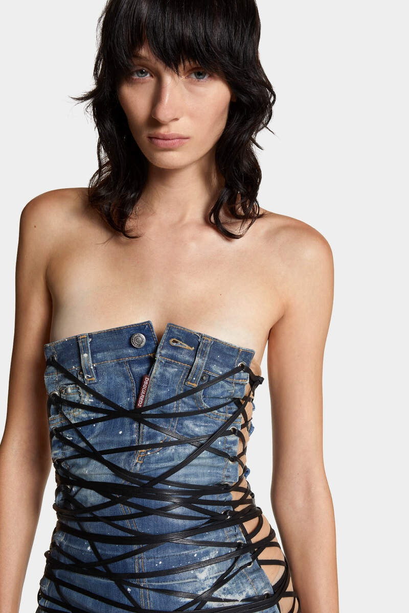 LIGHT FROZEN WASH LACE UP JEAN DRESS 5