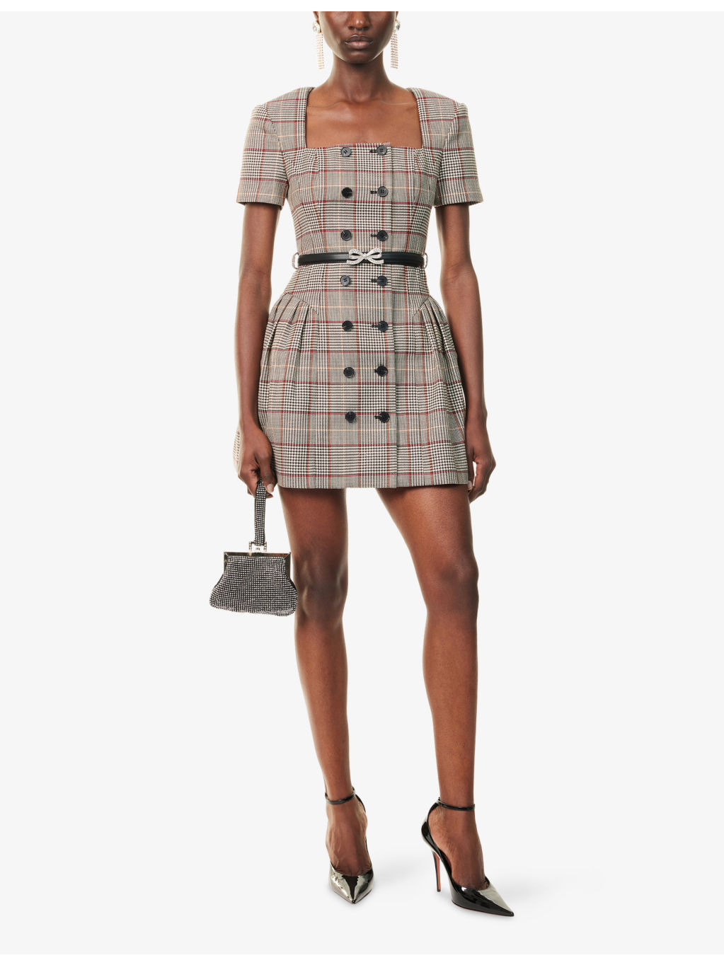 Check-Print Square-Neck Wool-Blend Mini Dress - 2