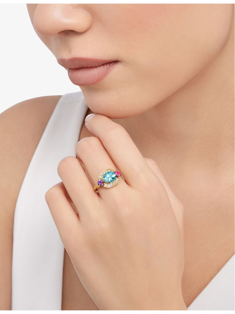 BVLGARI Allegra 18ct yellow-gold, pink tourmaline, amethyst, aquamarine and 0.2ct diamond ring outlook