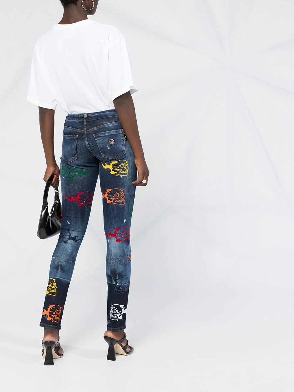 high rise slim-fit rainbow skull jeans - 4