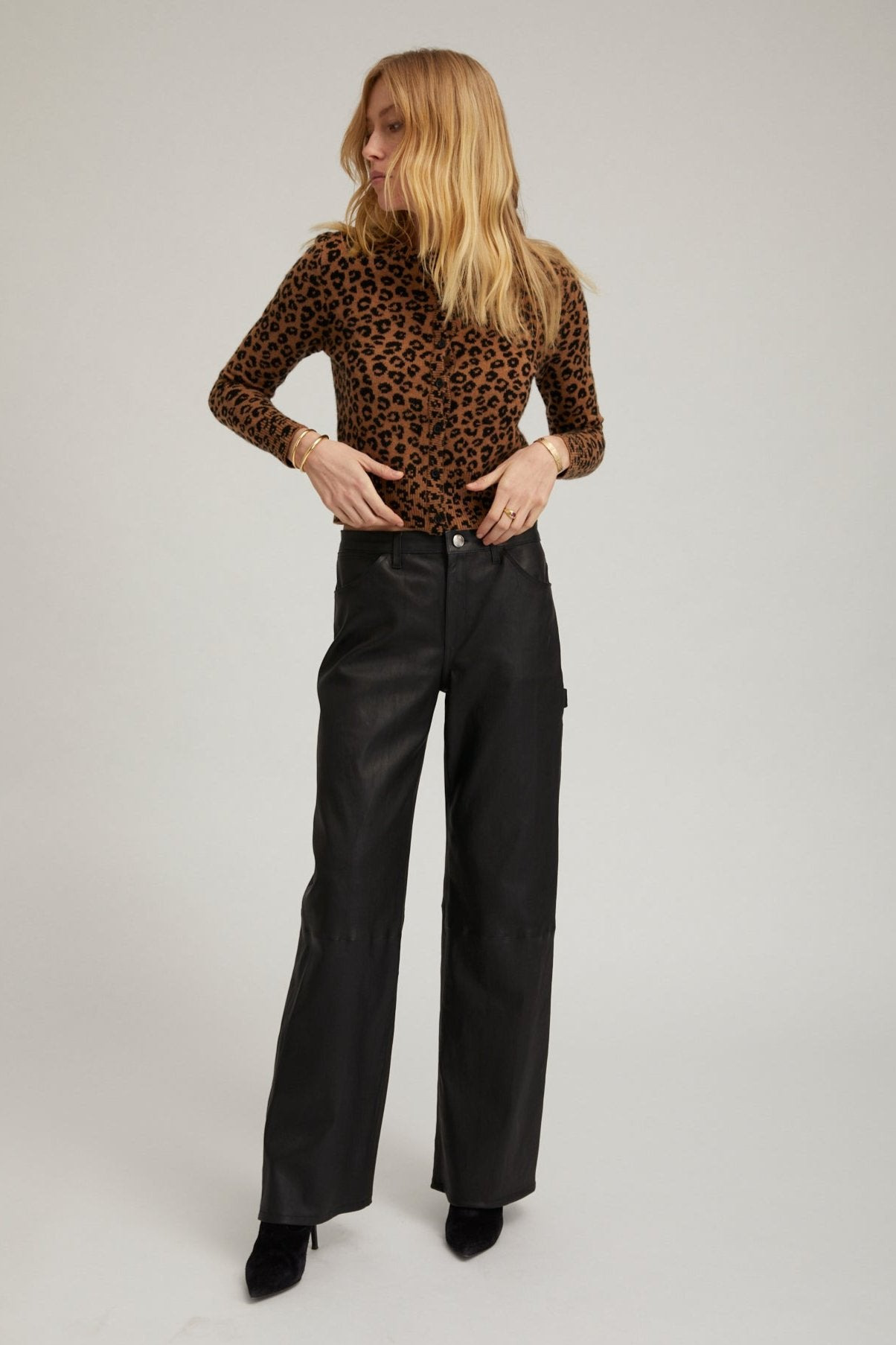 BLACK LEATHER CARPENTER PANTS - 4
