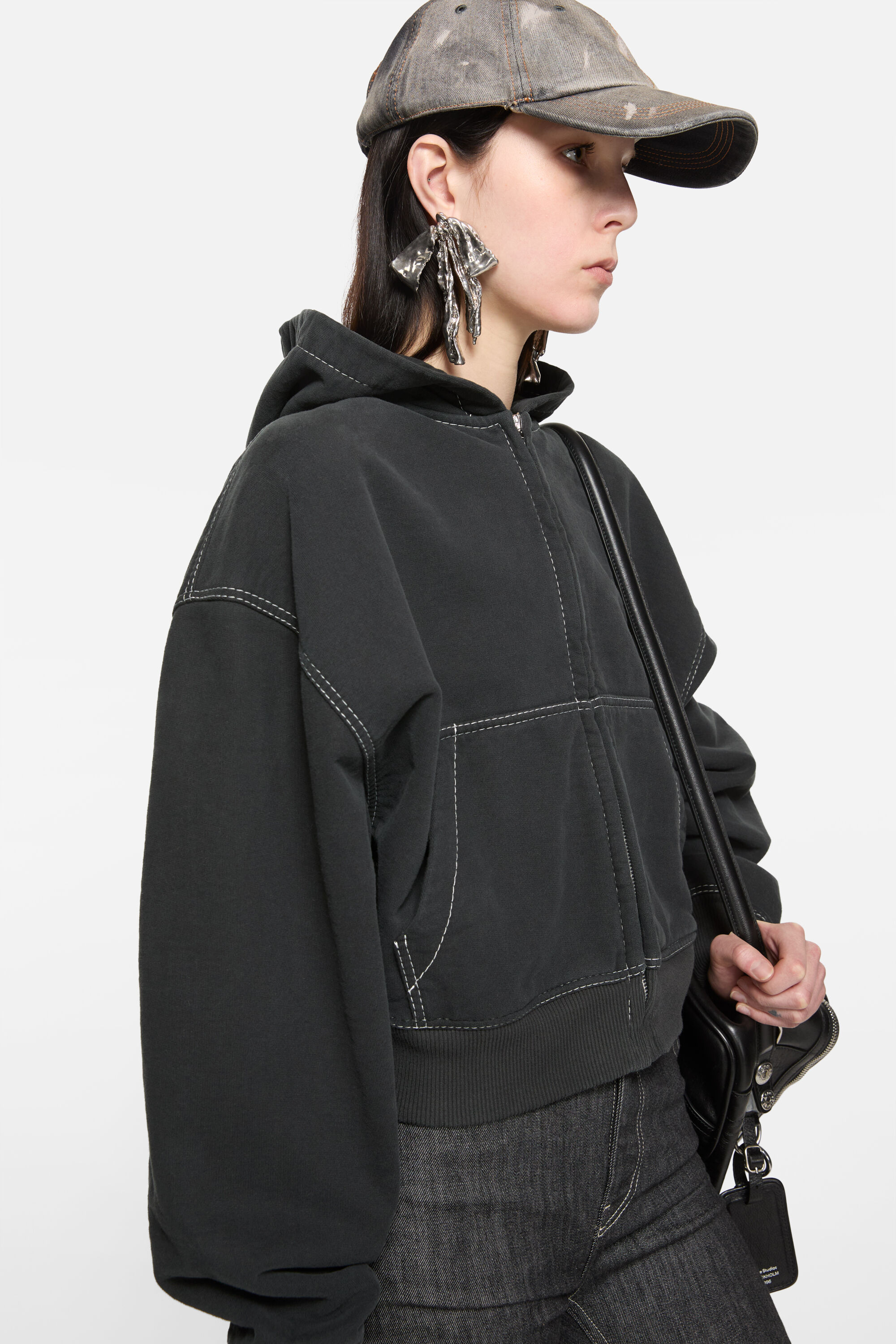 Hooded zip-up sweater - Faded black - 5