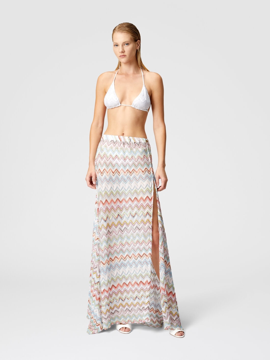 Long cover-up skirt with 3D zig zag lamé and slit - 2
