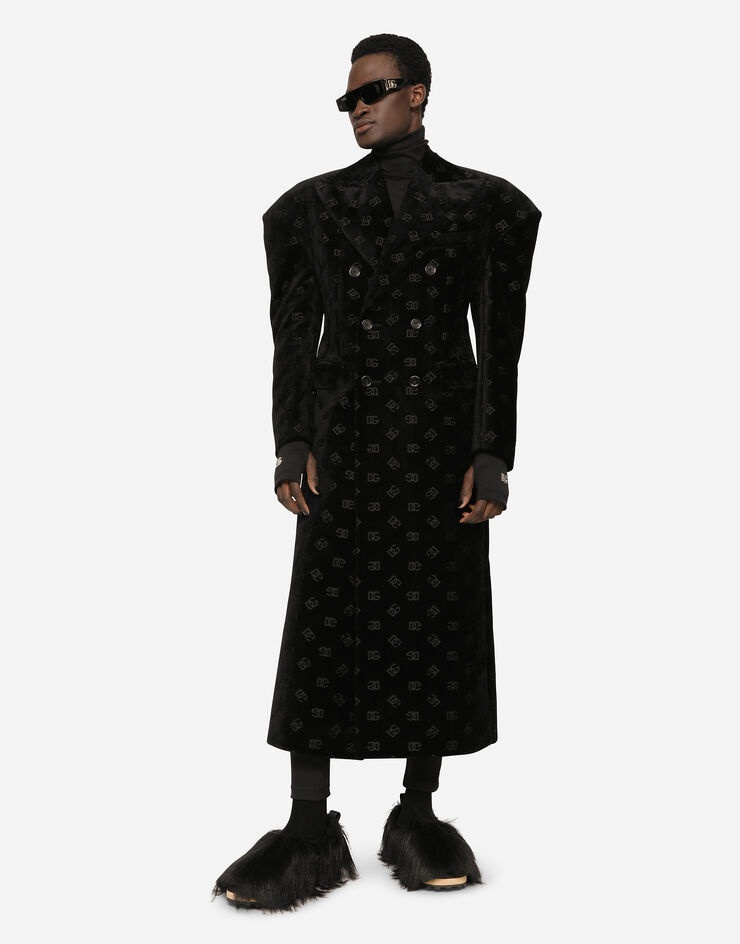 Double-breasted velvet coat with all-over DG print - 1