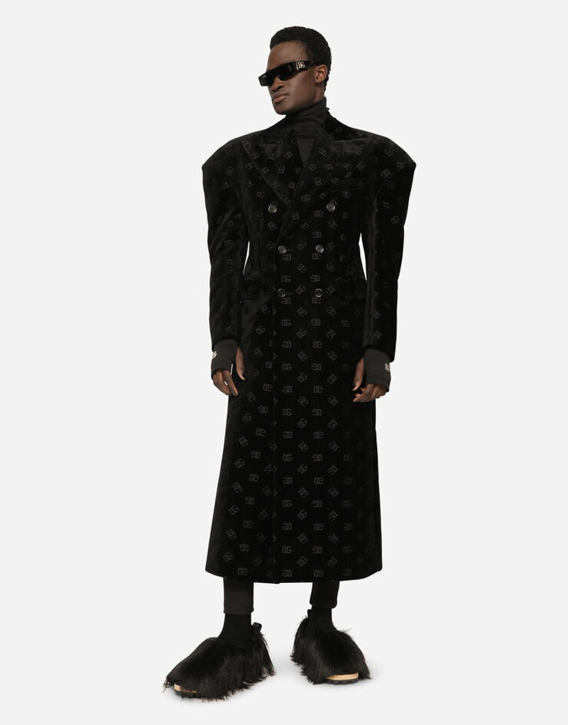 Double-breasted velvet coat with all-over DG print 1