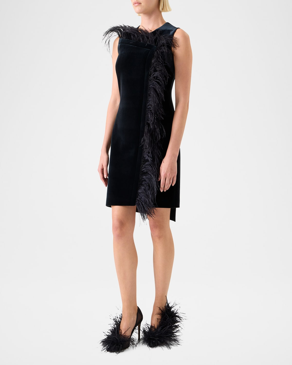 Neoprene Velvet Feather-Trim Asymmetric Mini Dress - 4