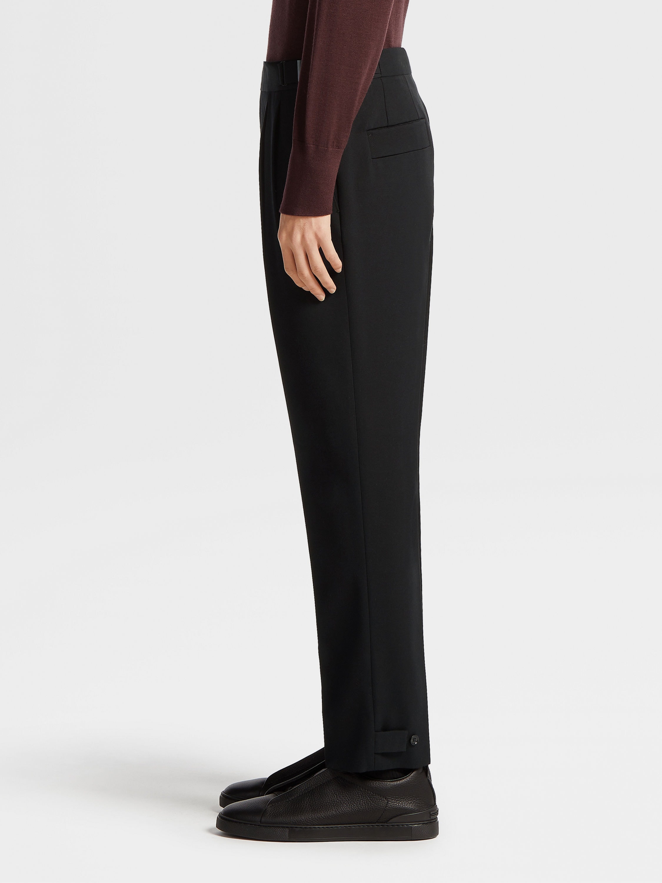 BLACK COTTON AND WOOL PANTS - 4