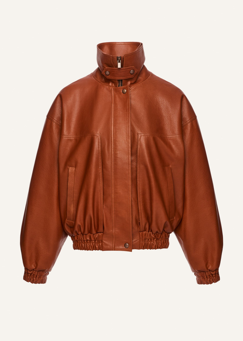 High-neck leather bomber jacket in cognac 1