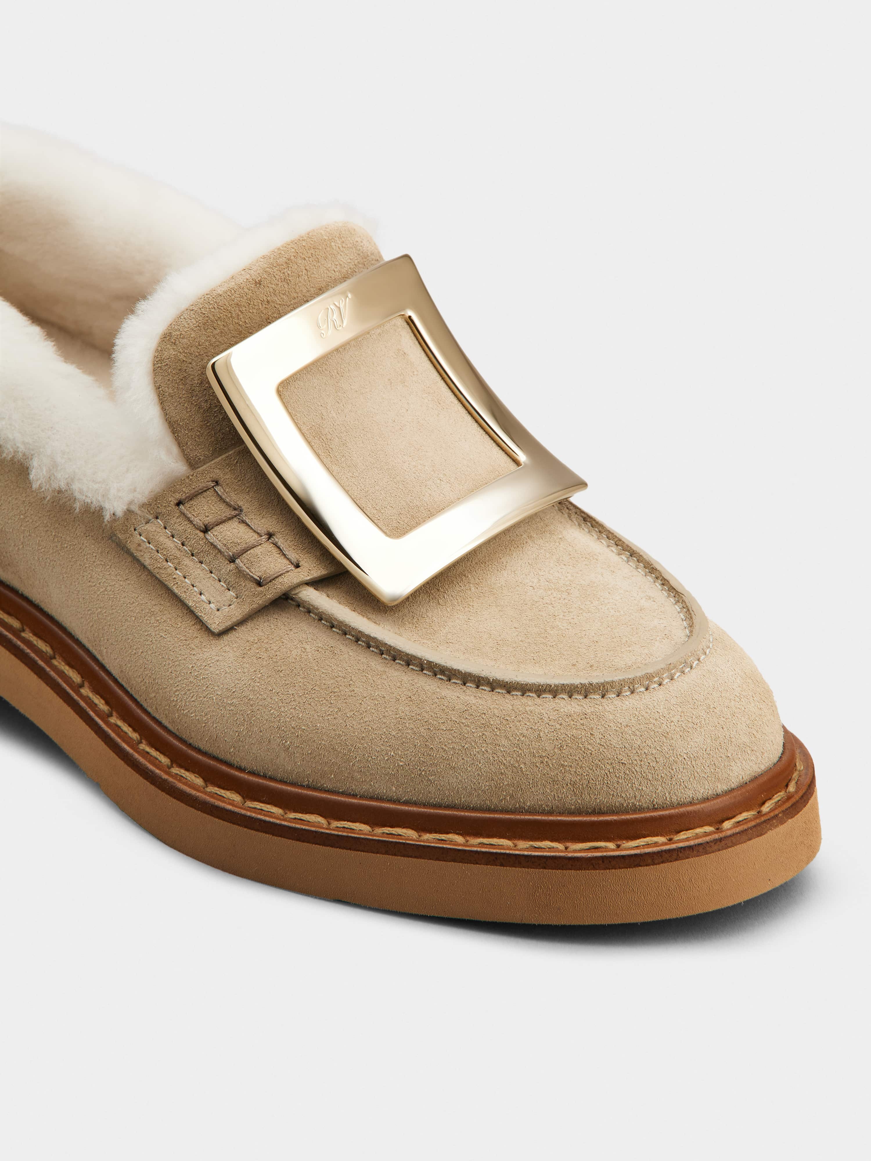 Viv' Rangers Metal Buckle Fur Loafers in Suede - 3