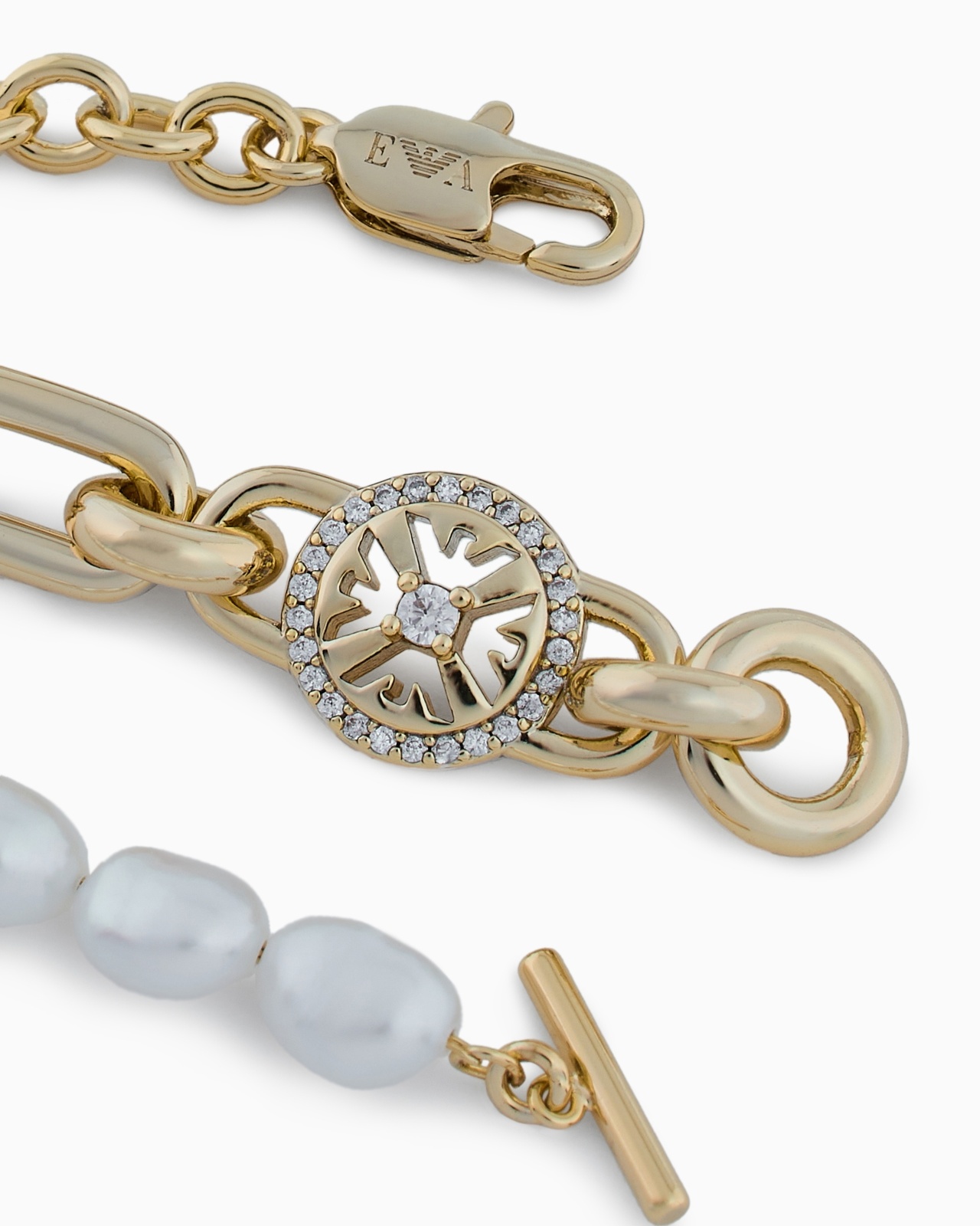 GOLD-TONE BRASS AND WHITE FRESH WATER PEARLS STATION BRACELET - 3