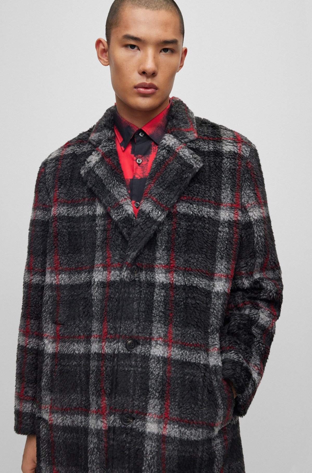 REGULAR-FIT COAT IN CHECKED TEDDY FABRIC - 7