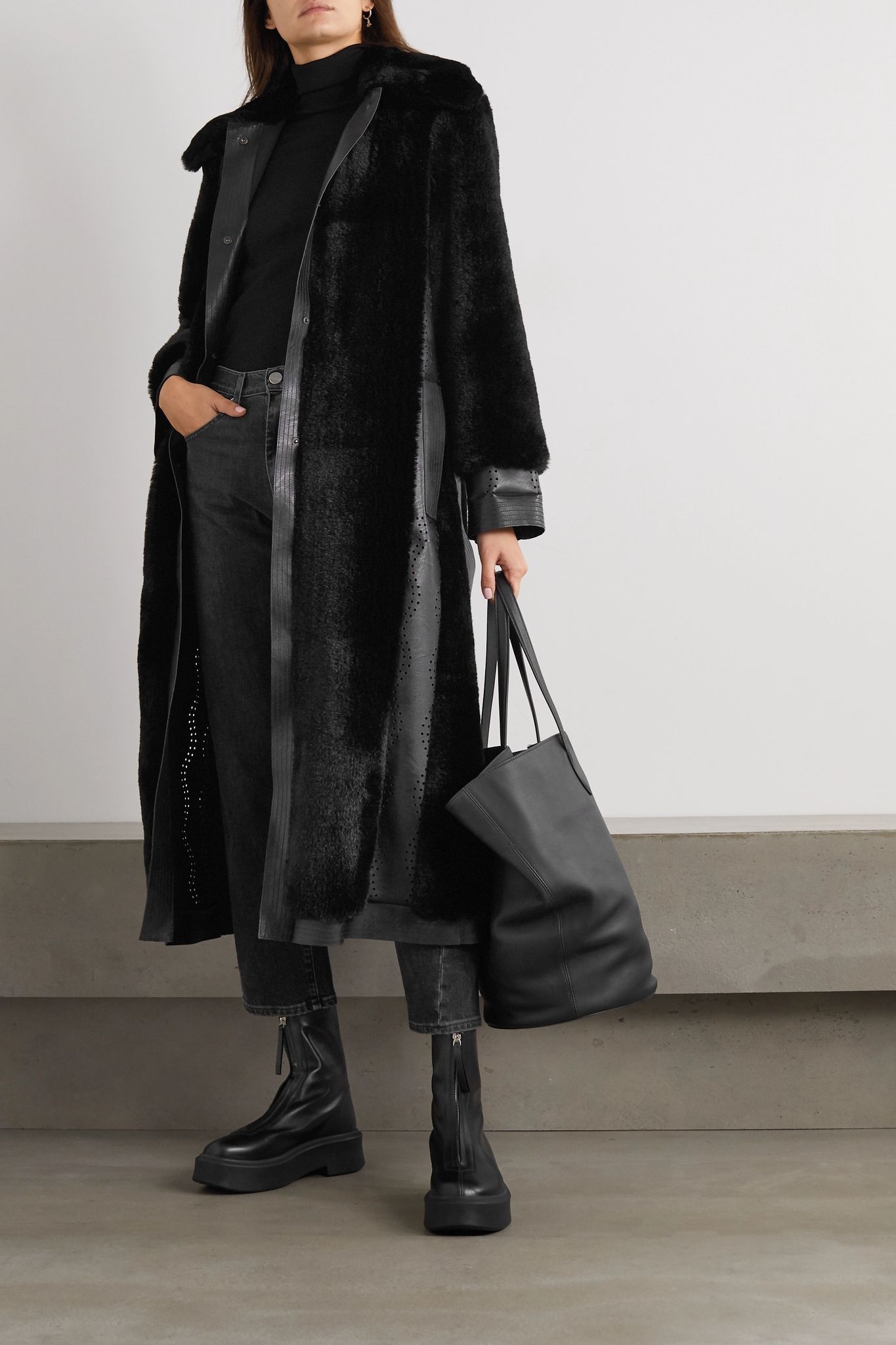 Belen belted laser-cut vegetarian leather and faux fur coat - 2