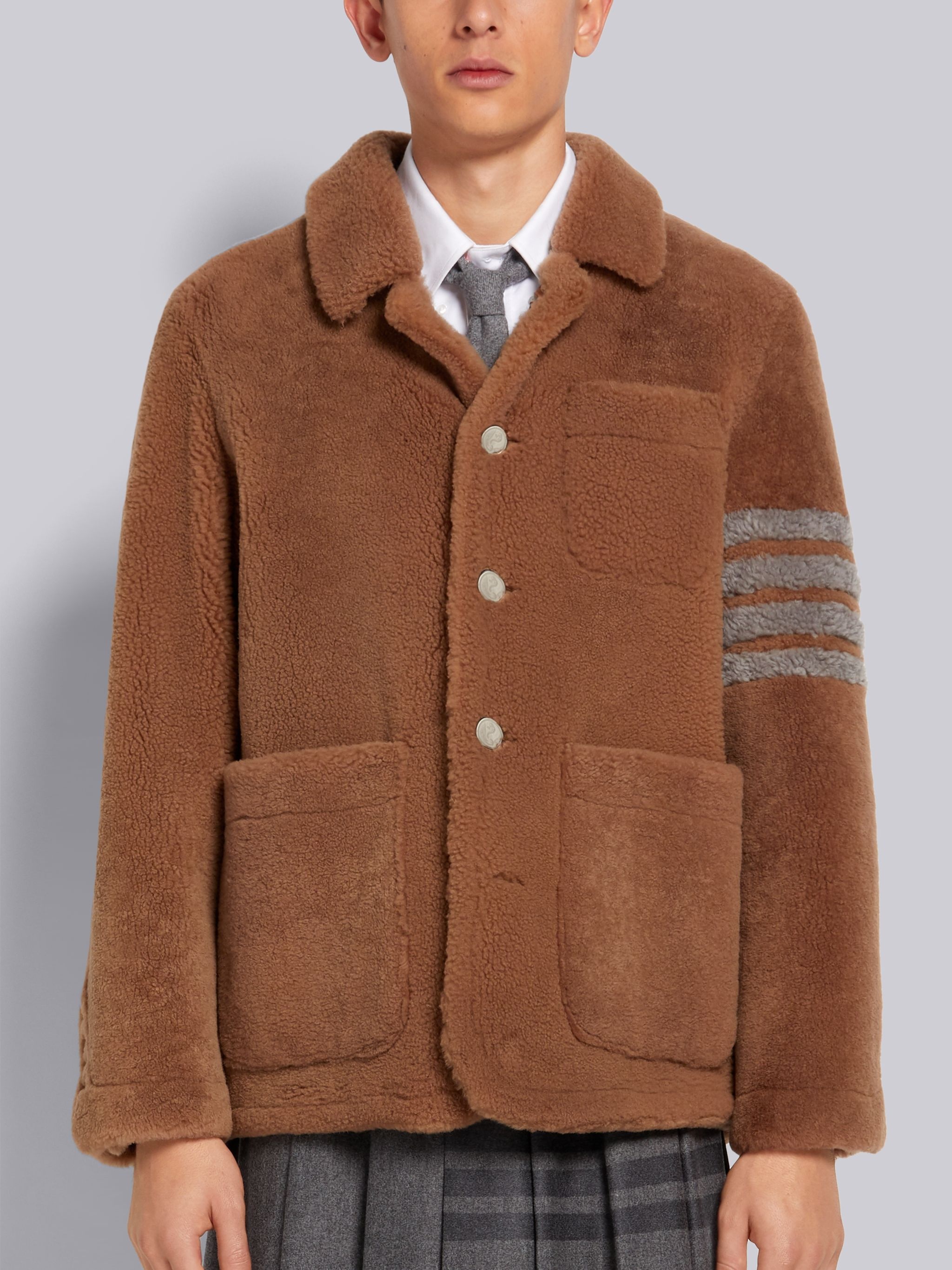 Camel Dyed Shearling Round Collar 4-Bar Patch Pocket Sack Jacket - 1