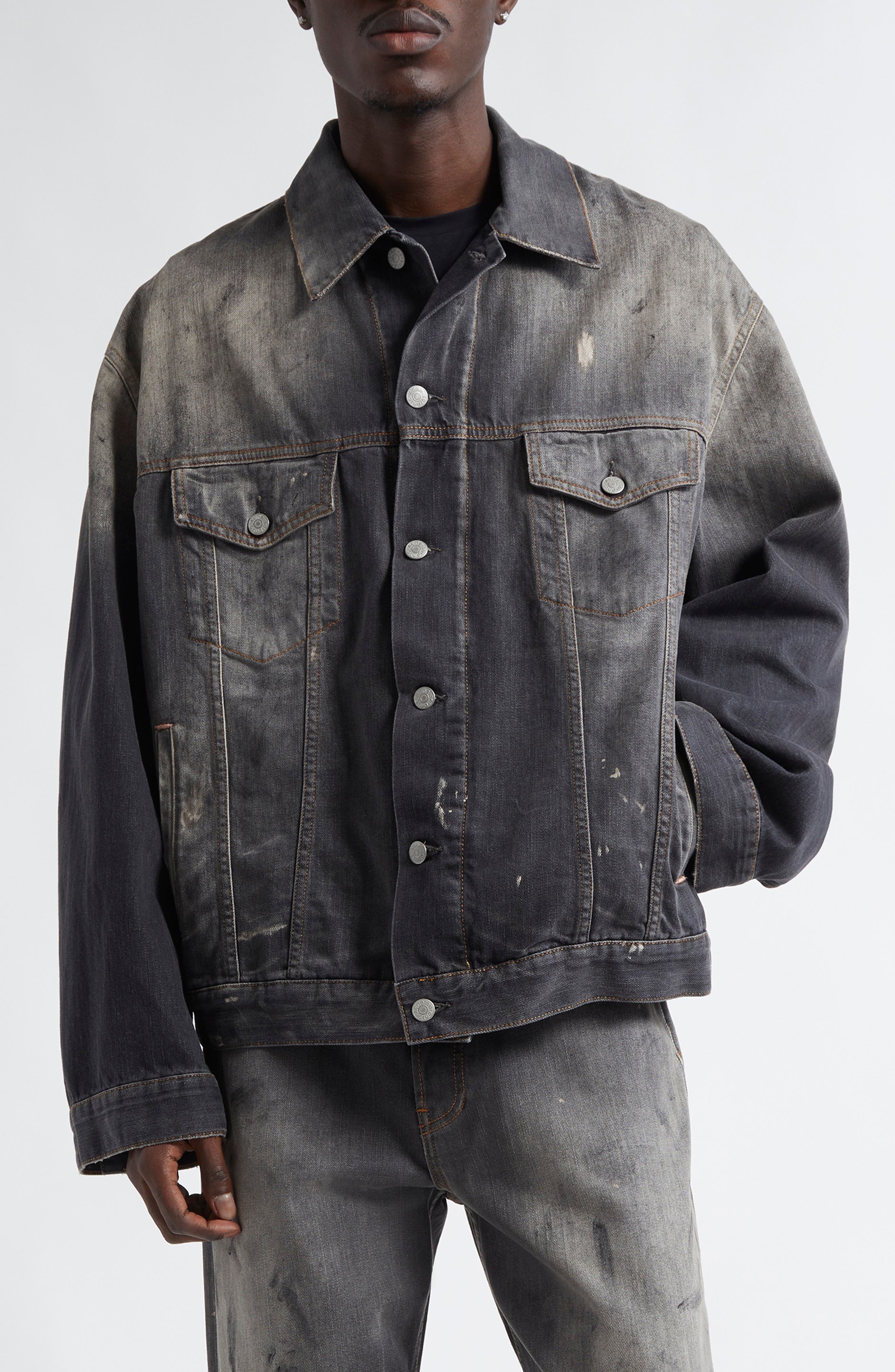 Acne Studios Oversize Paint Smudged Denim Jacket in Black at Nordstrom - 1