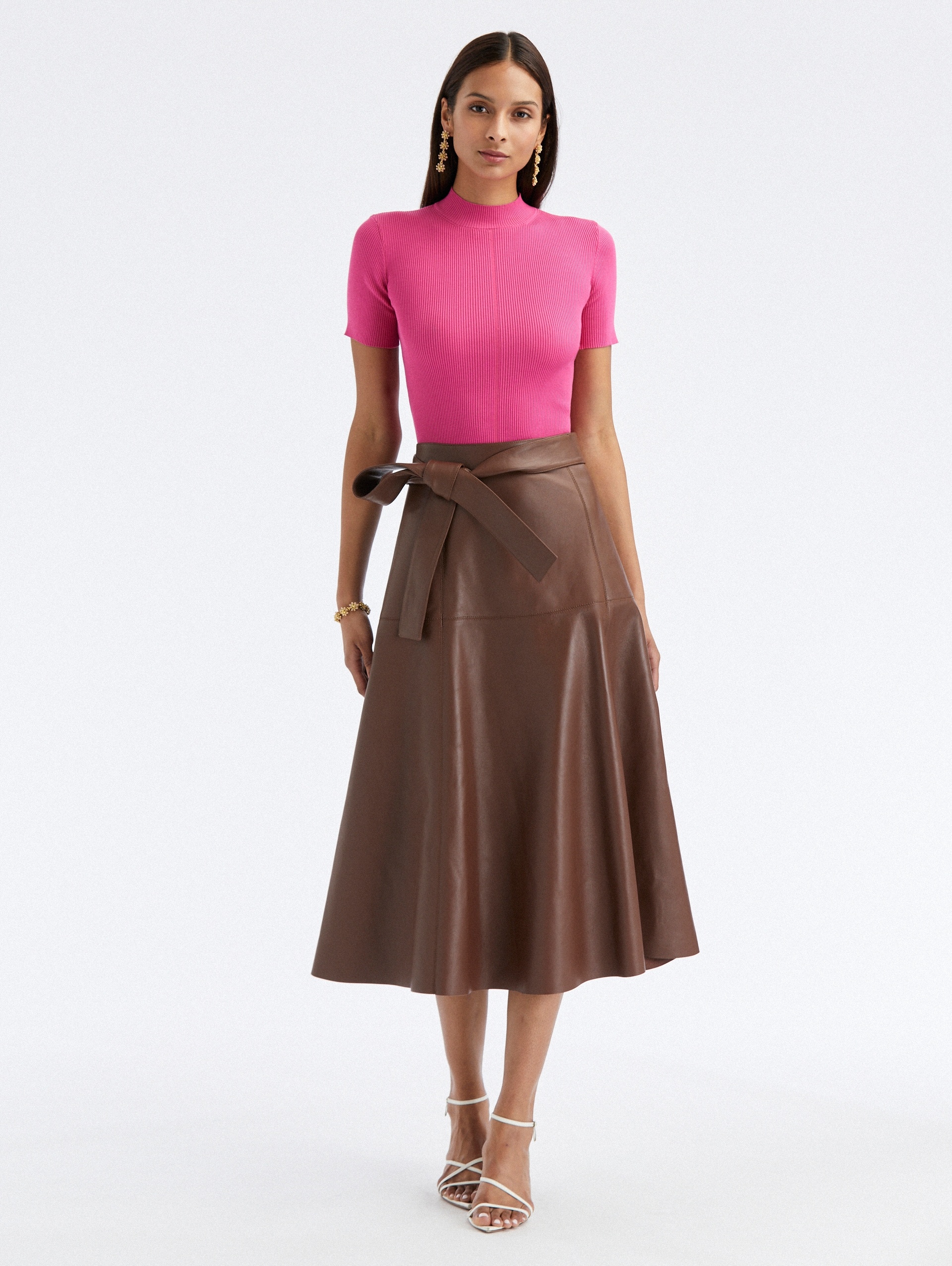 TIE DETAIL LEATHER MIDI SKIRT - 1