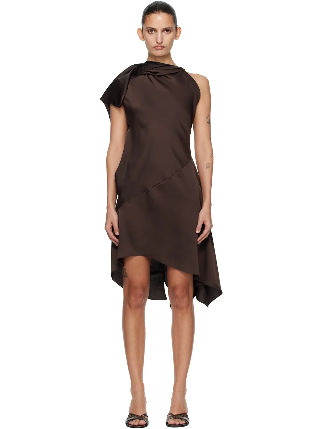 Brown Crepe Satin Cape Sleeve Midi Dress - 1