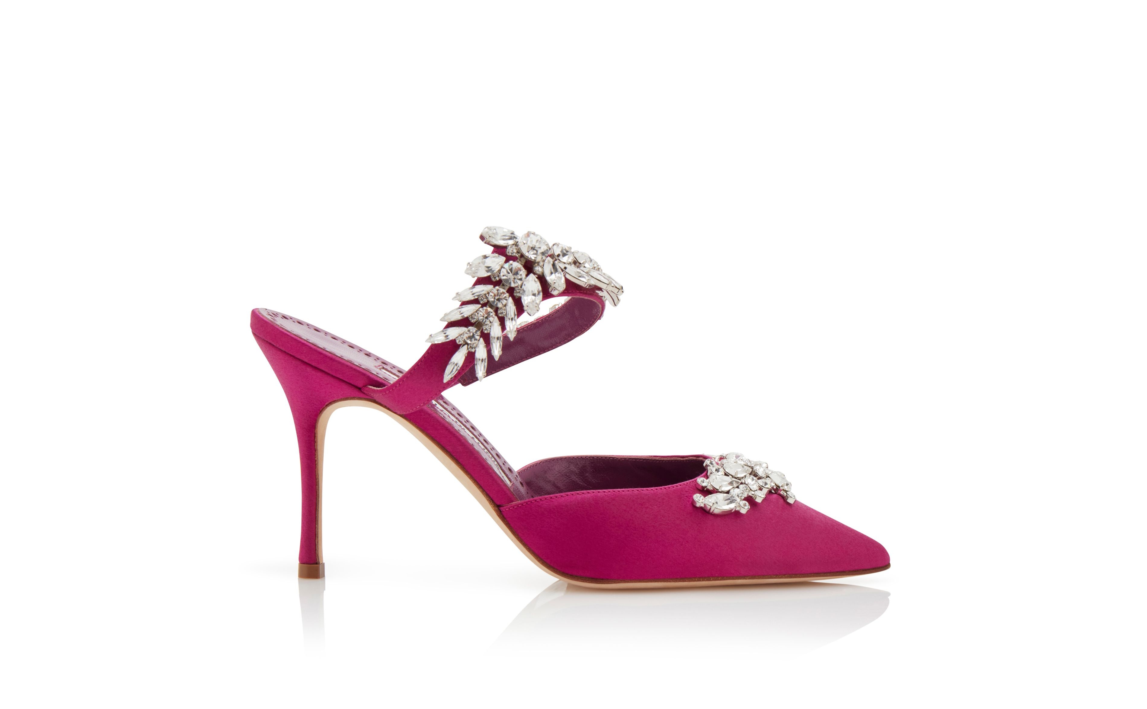 Fuchsia Satin Crystal Embellished Mules - 1