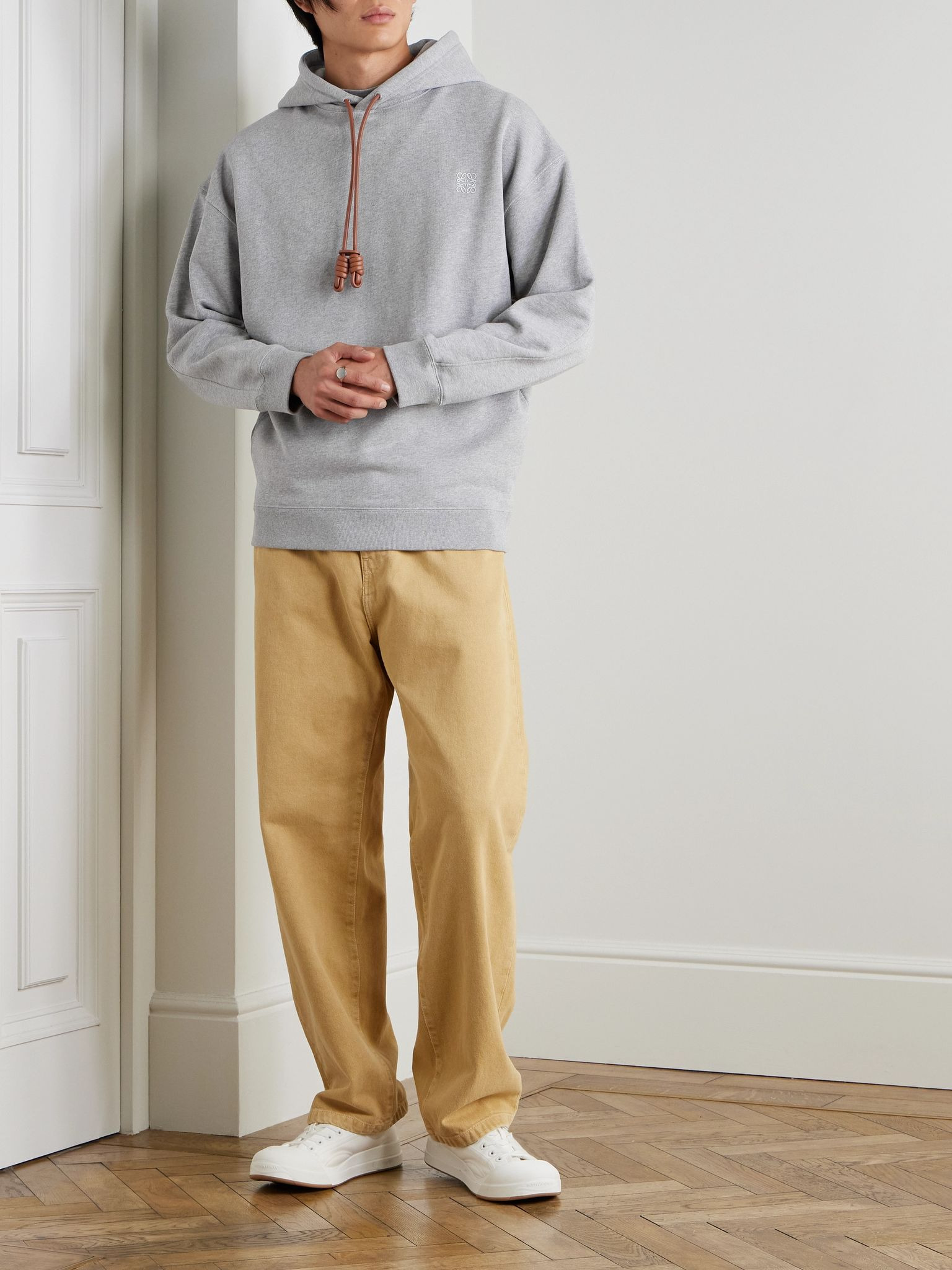 Logo-Embroidered Leather-Trimmed Cotton-Jersey Hoodie Gray - 2