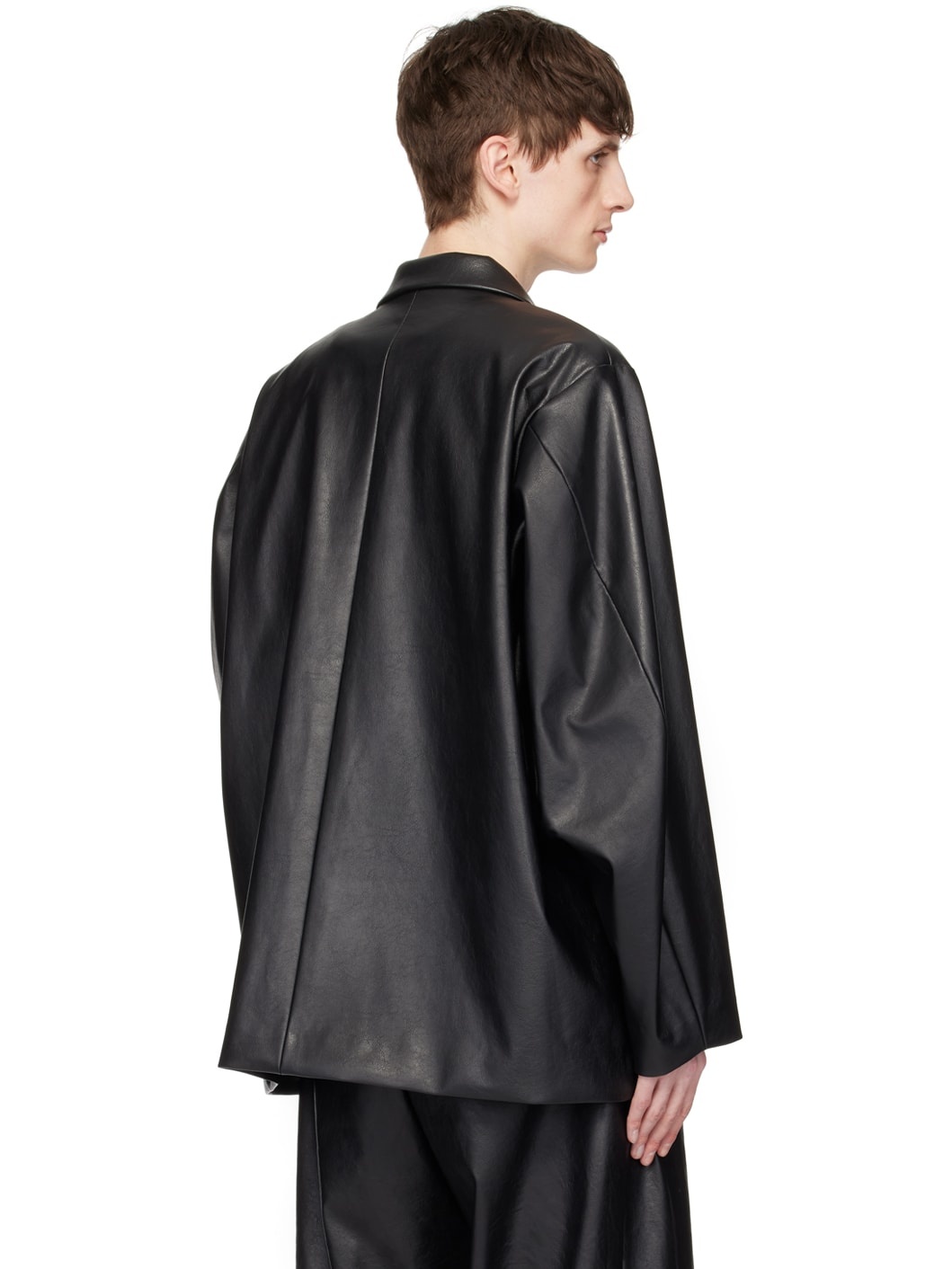 Black Padded Shoulder Faux-Leather Blazer - 3