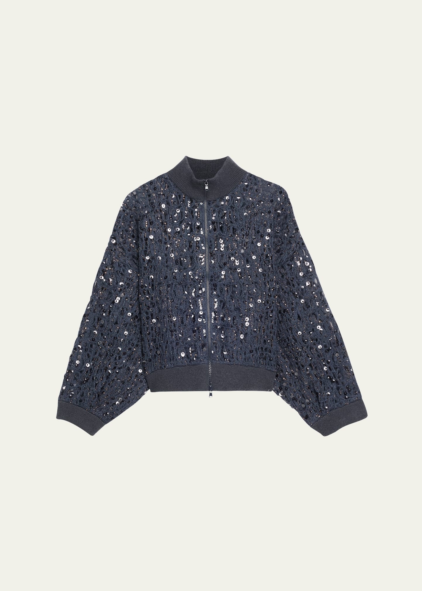 Wool-Cashmere Paillette Open-Knit Zip Cardigan - 1