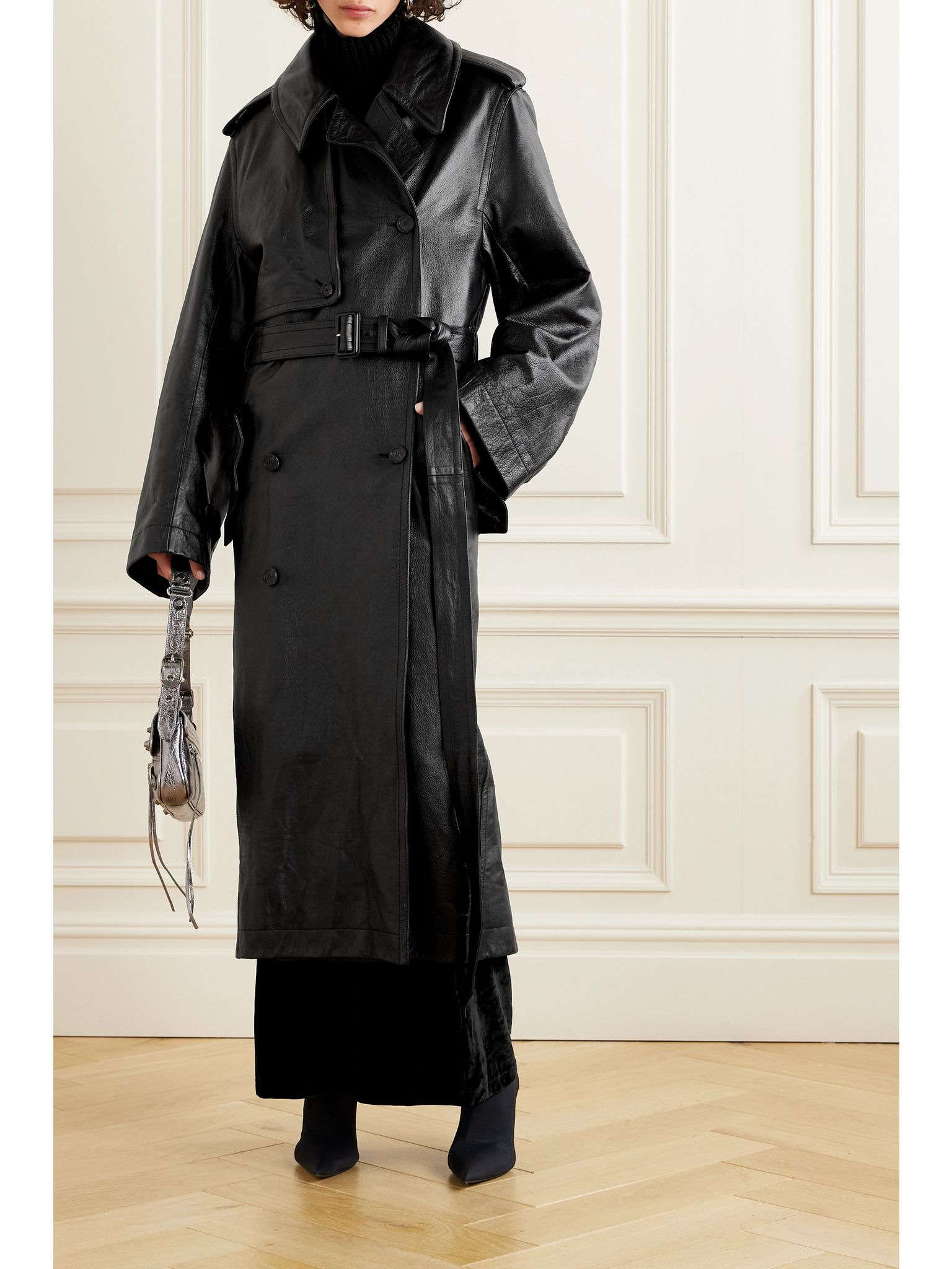 Cocoon double-breasted belted leather trench Black - 3