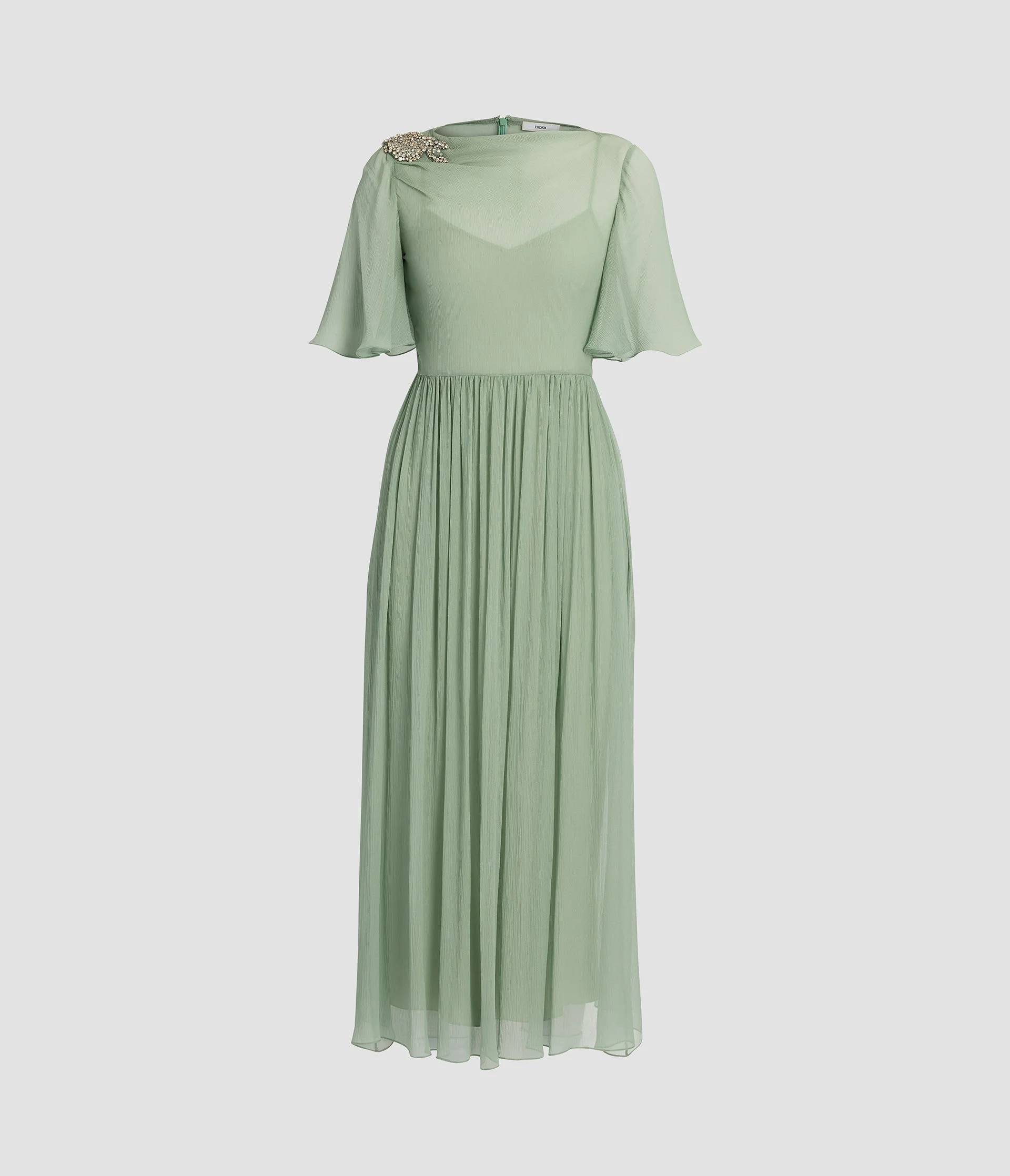 EMBELLISHED SILK CREPONNE SHORT SLEEVE MIDI DRESS - 1