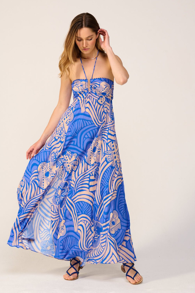 Poupette St Barth Long Dress Carla - Blue Japonism outlook