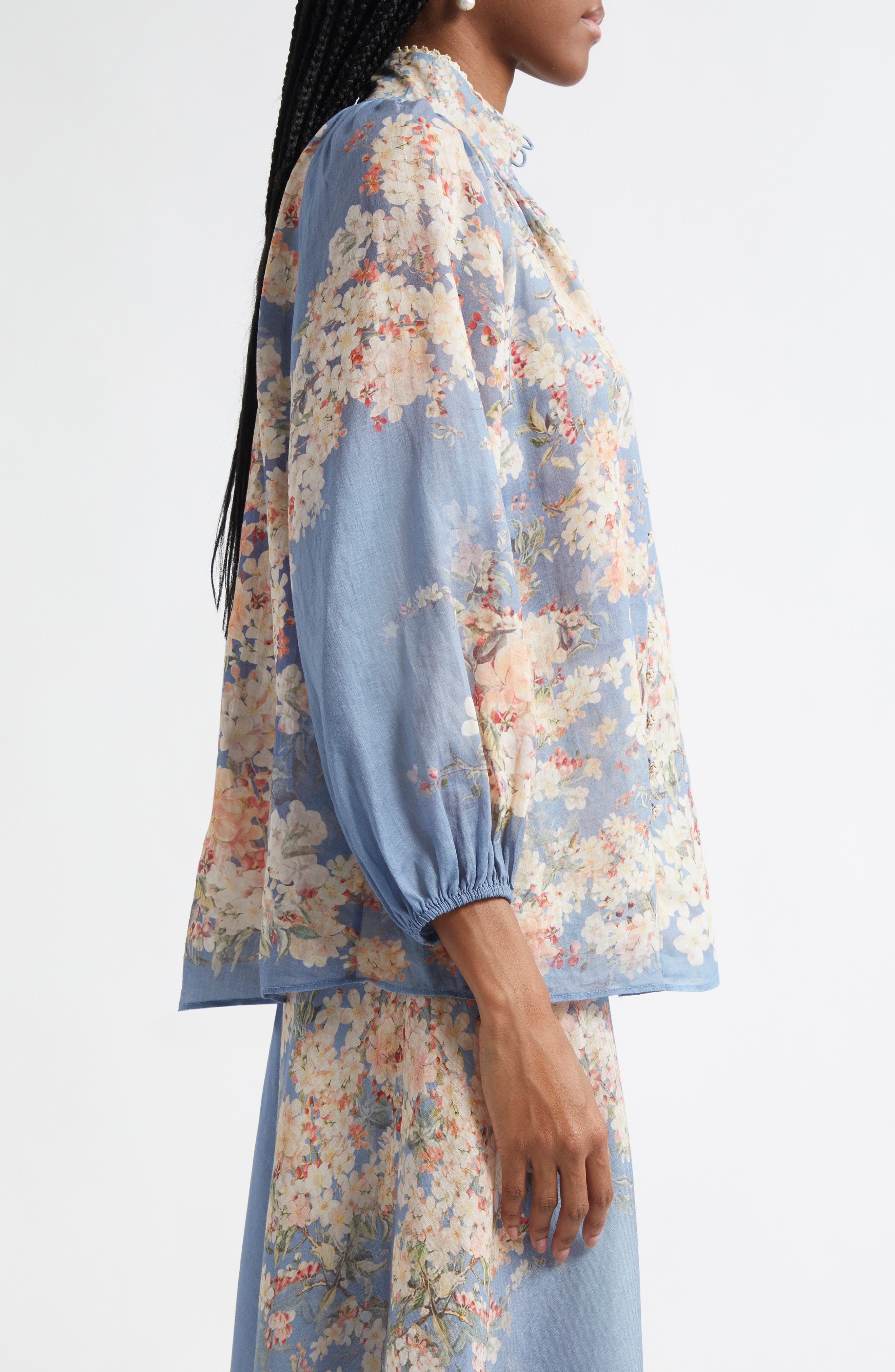 Zimmermann Cascadian Billow Linen Button-Up Shirt in Blue Botanical Floral at Nordstrom - 4