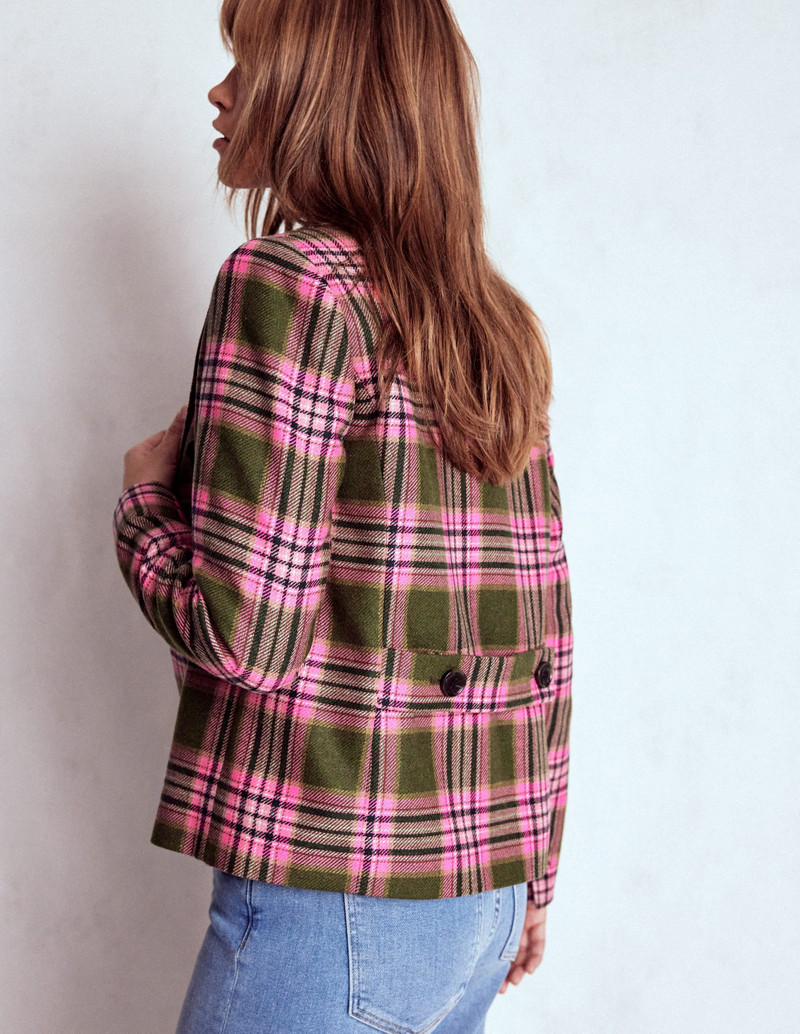 Boxy Double Breasted Blazer-Olive Green and Pink Check 4