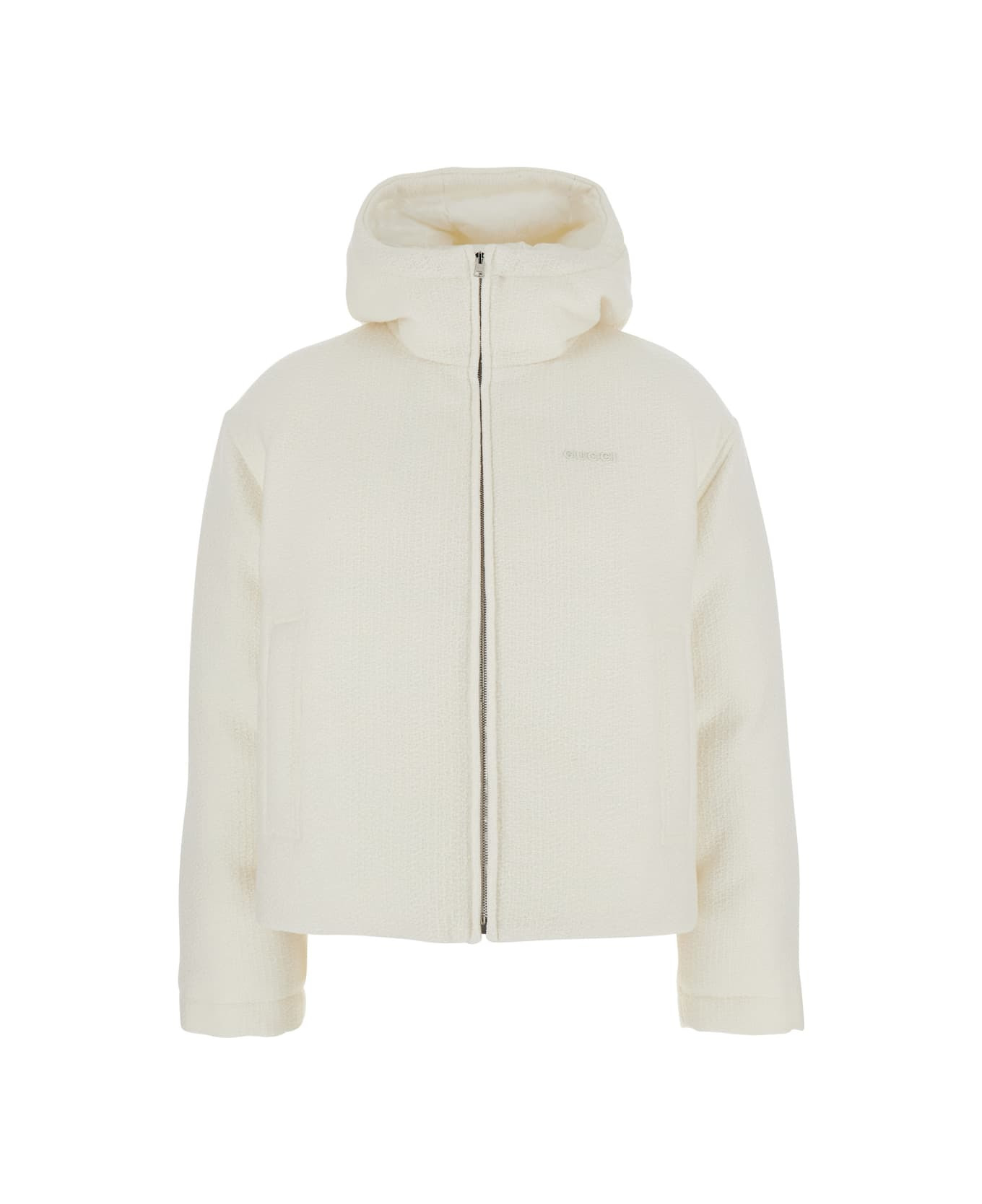 White Wool Bomber Jacket With Fixed Hood And Logo Lettering On The Front - 1