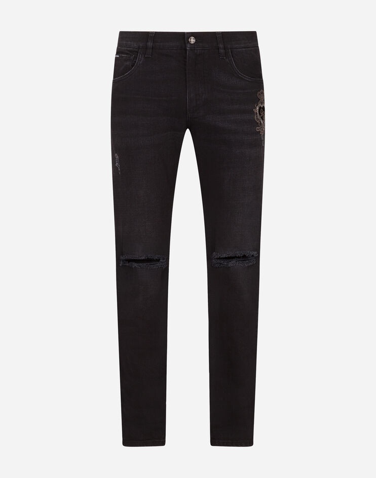 Washed black slim-fit stretch jeans with patch detailing - 3