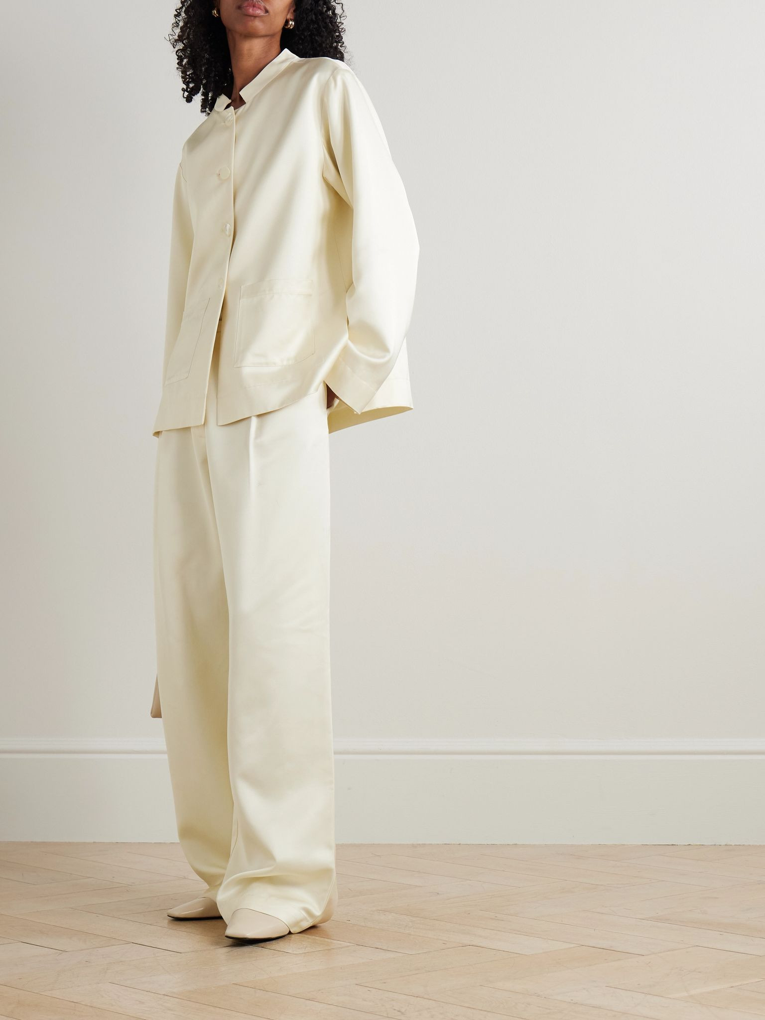 Pleated satin wide-leg pants Cream - 2