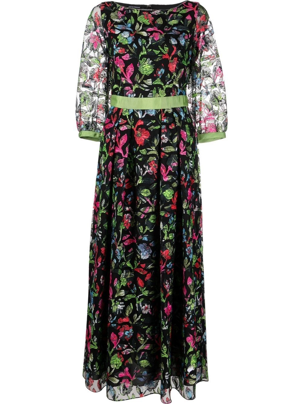 floral-embroidered sheer-sleeve dress - 1