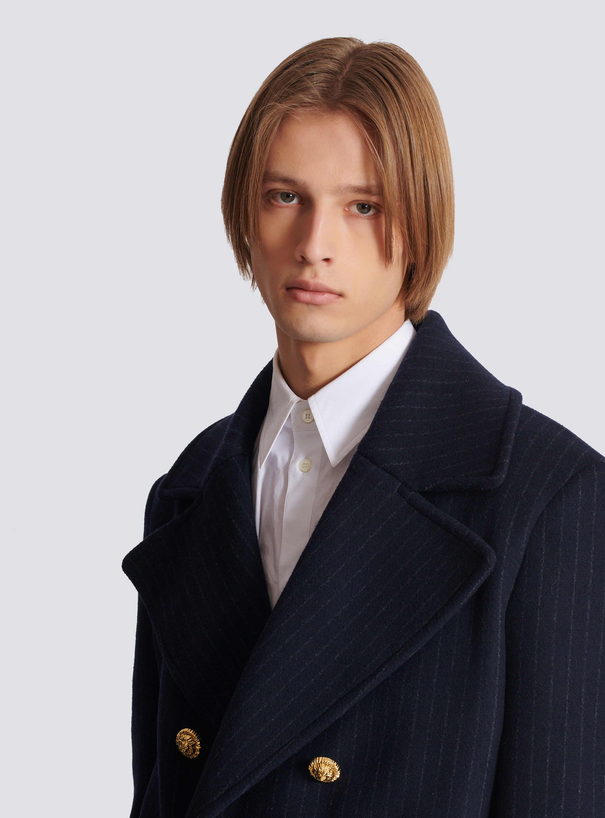 Short striped wool pea coat - 8
